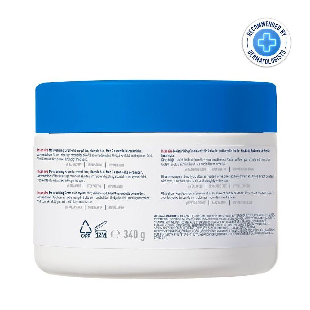 Achterkant CeraVe pot. Productinfo, ingrediënten, gebruiksaanwijzing. Aanbevolen door dermatologen.