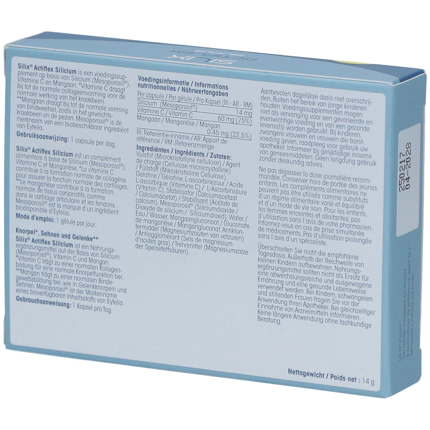 Rückseite der Schachtel 'SILIX Actiflex Silicium'. Text in mehreren Sprachen. Nährwertangaben.