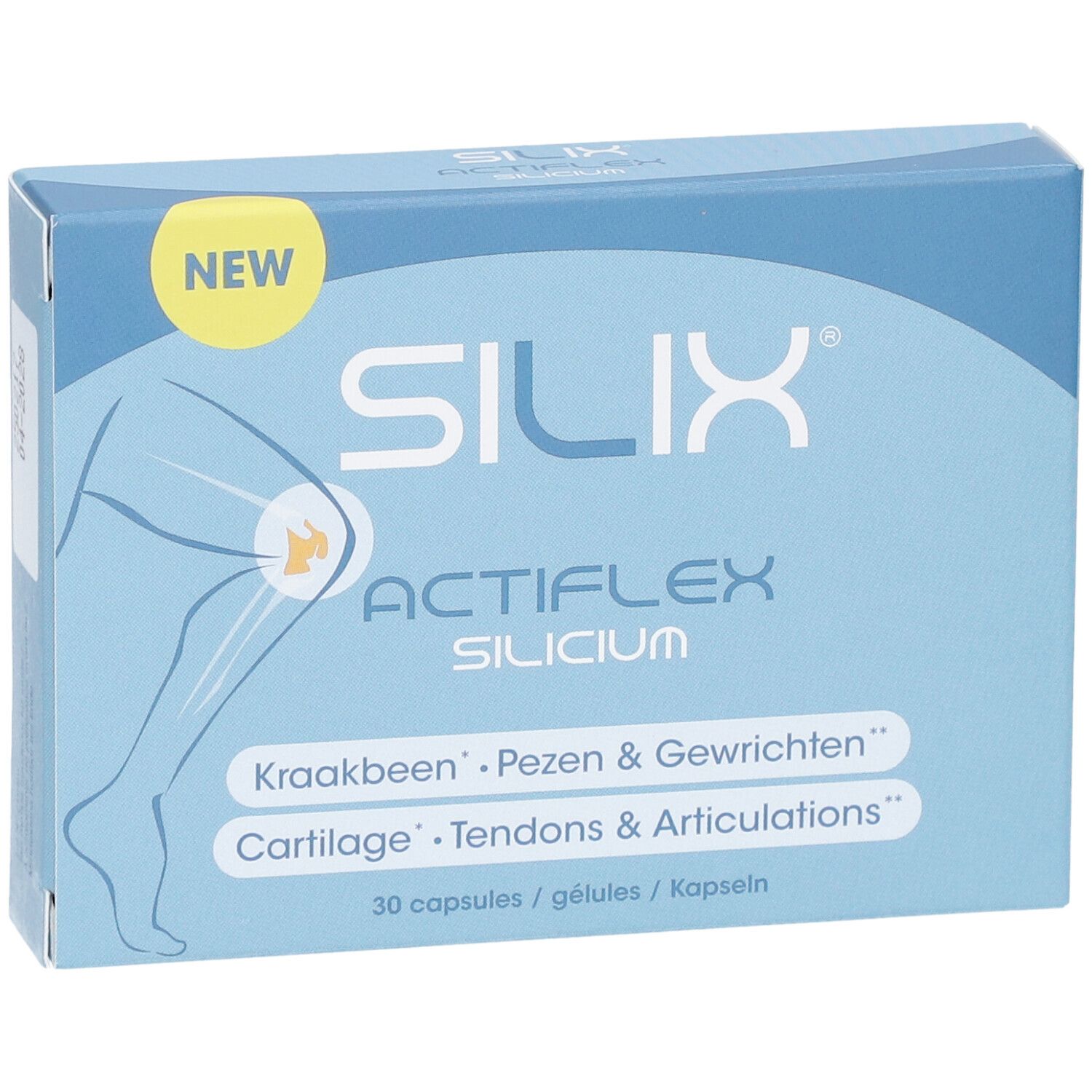 Blaue Schachtel 'SILIX Actiflex Silicium'. Illustration Knie. '30 capsules'. 'NEW' Label.
