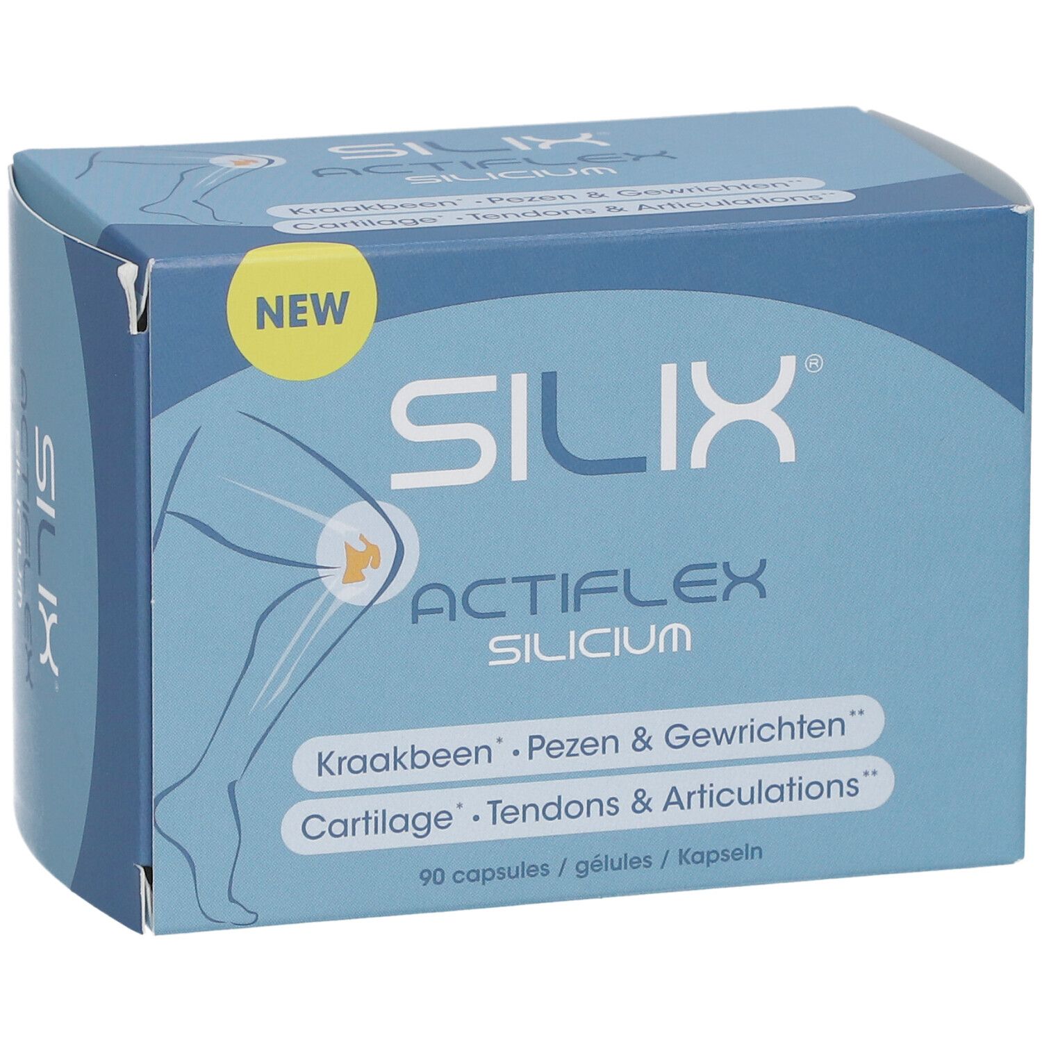 Blau-weiße Schachtel "SILIX ACTIFLEX SILICIUM". Aufschrift: Knorpel, Sehnen & Gelenke. Enthält 90 Kapseln.