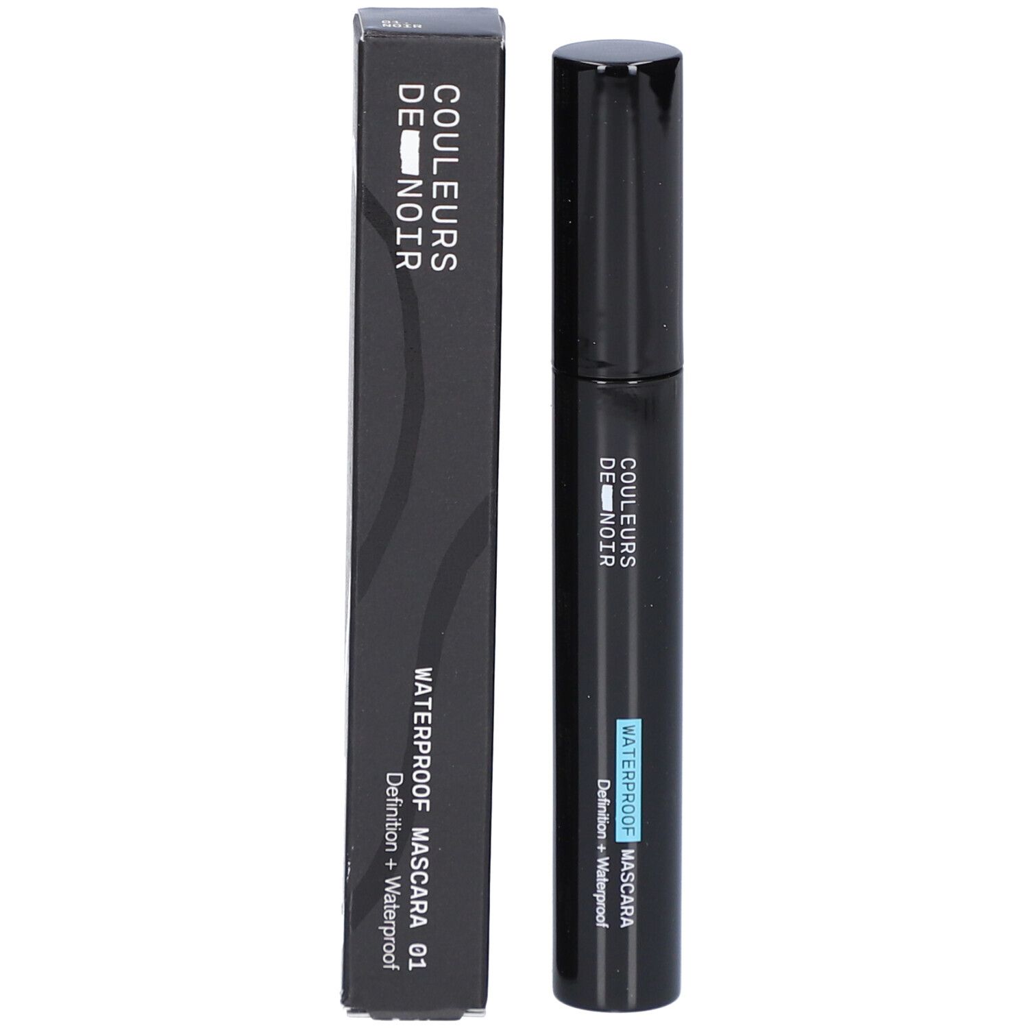 Schwarze Mascara und Verpackung. Mascara: "COULEURS DE NOIR", "WATERPROOF MASCARA 01".