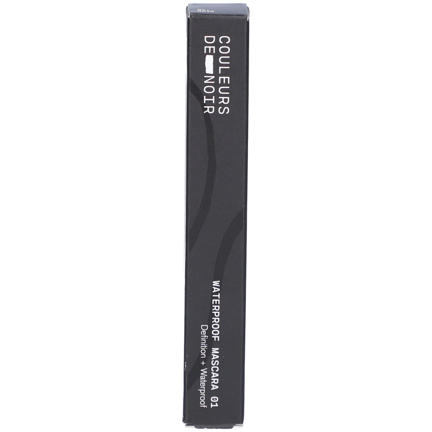 Schwarze Verpackung für wasserfesten Mascara. Beschriftung: COULEURS DE NOIR, WATERPROOF MASCARA 01.
