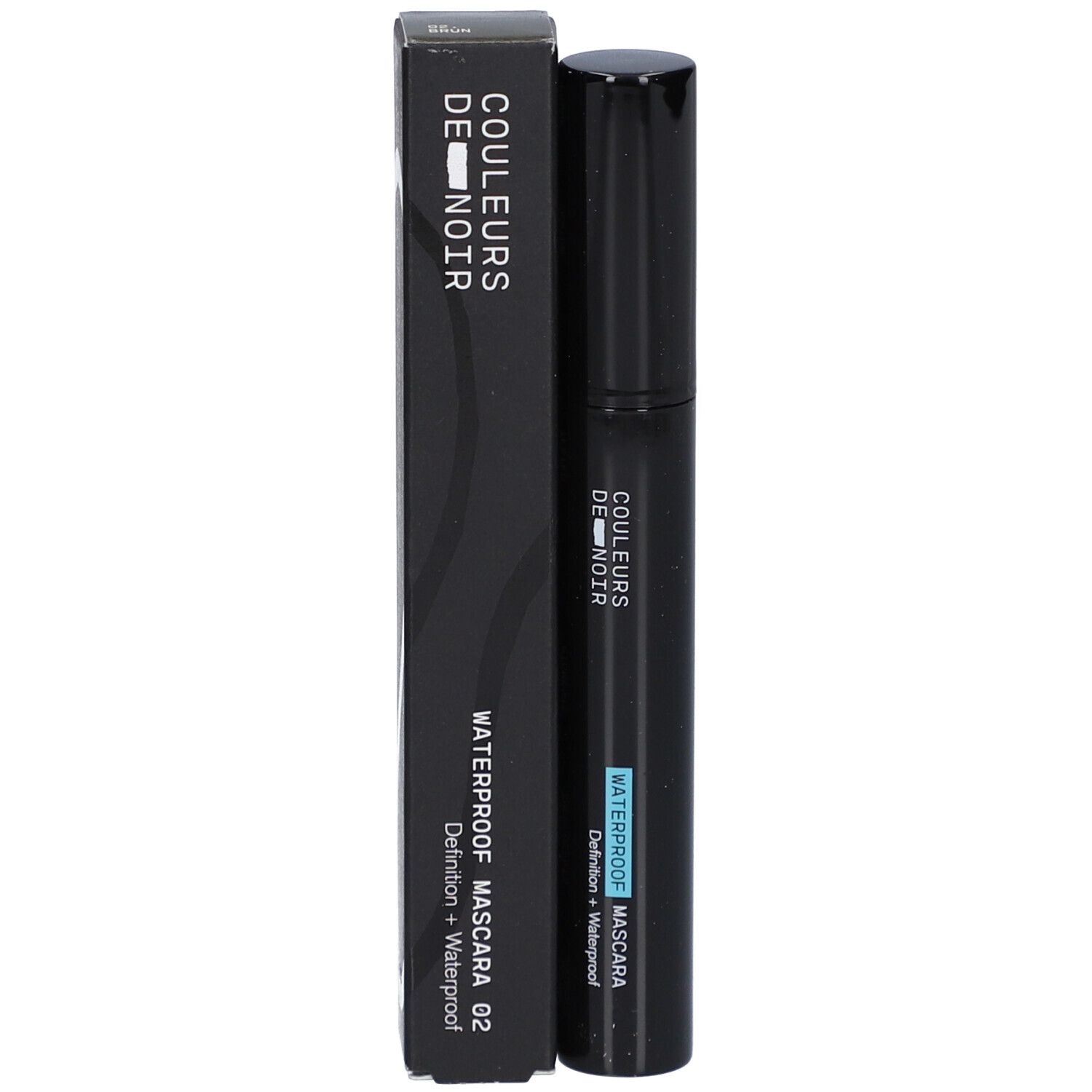 Schwarze Mascara-Verpackung mit dem Schriftzug "COULEURS DE NOIR" und "WATERPROOF MASCARA 02".