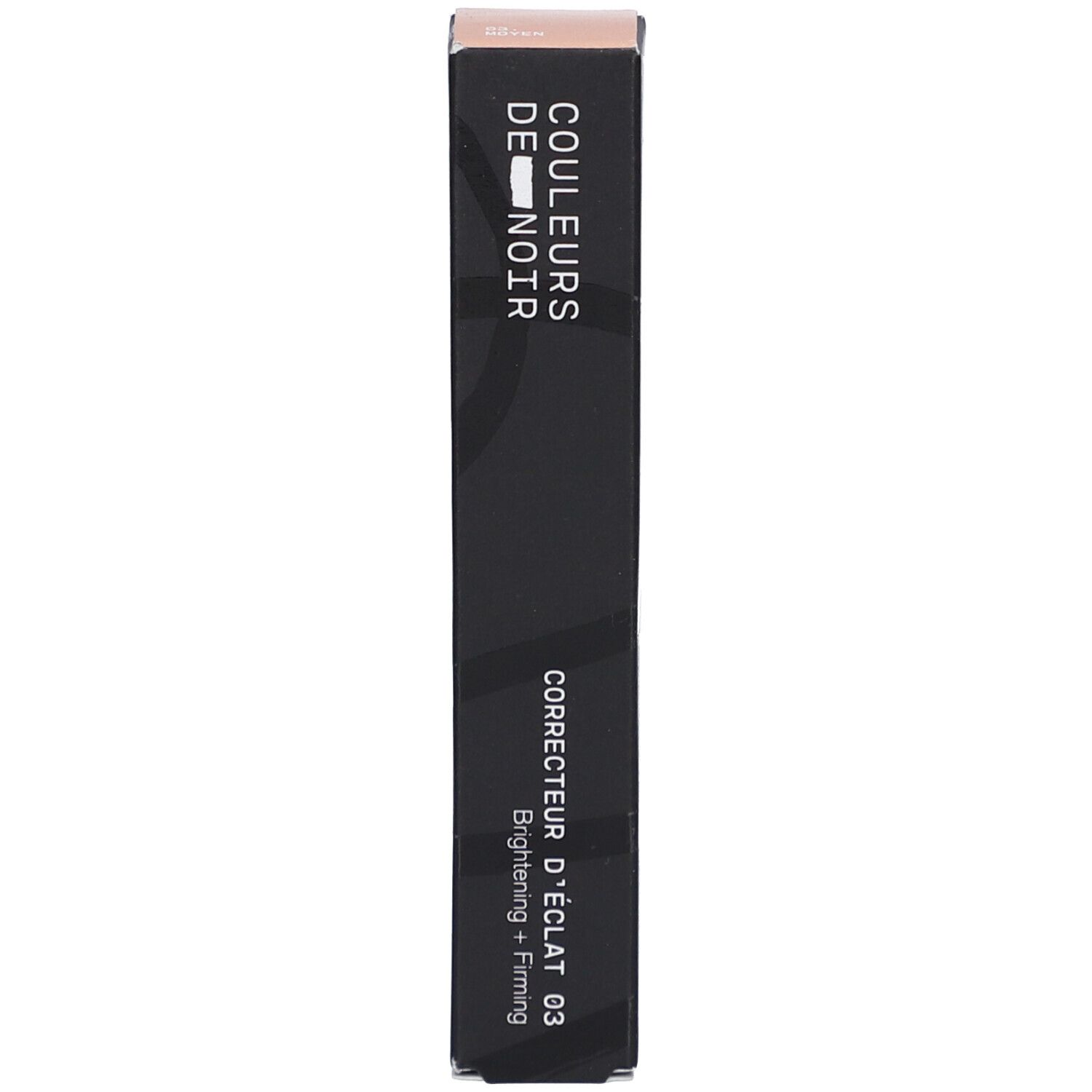 Verpackung des Concealers. Aufschrift: COULEURS DE NOIR, Correcteur d’éclat 03. Hellt auf und strafft. Beige Farbton.