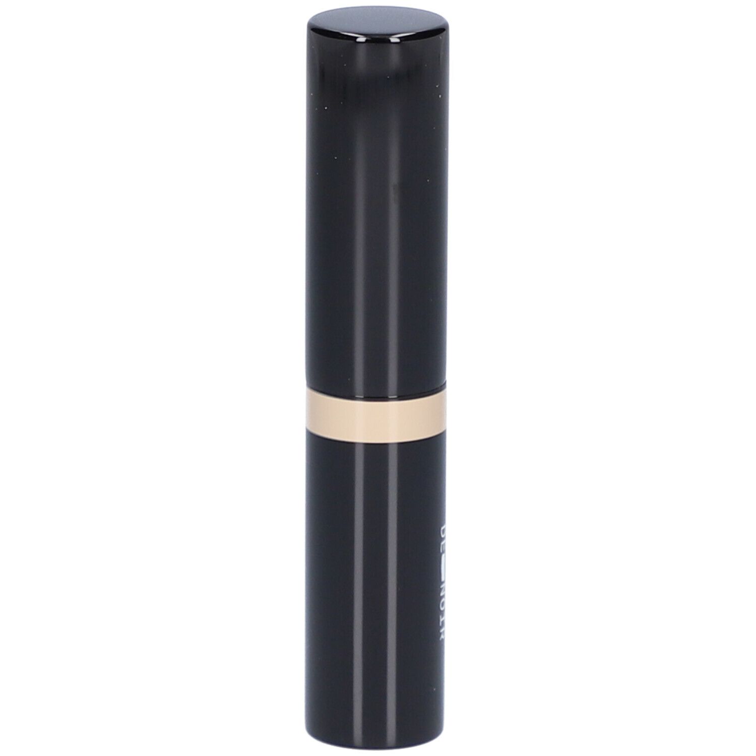 Schwarzer Lippenstiftbehälter mit goldener Mittellinie und schwarzem Deckel.