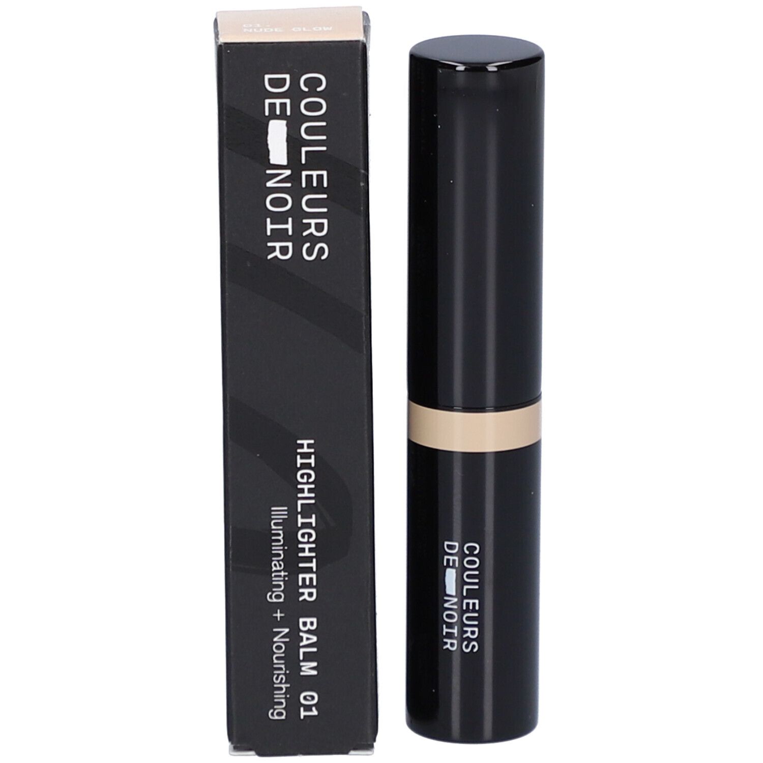 Couleurs de Noir Highlighter Balm 01 in schwarzem Stift mit goldfarbenem Ring. Kartonverpackung daneben.