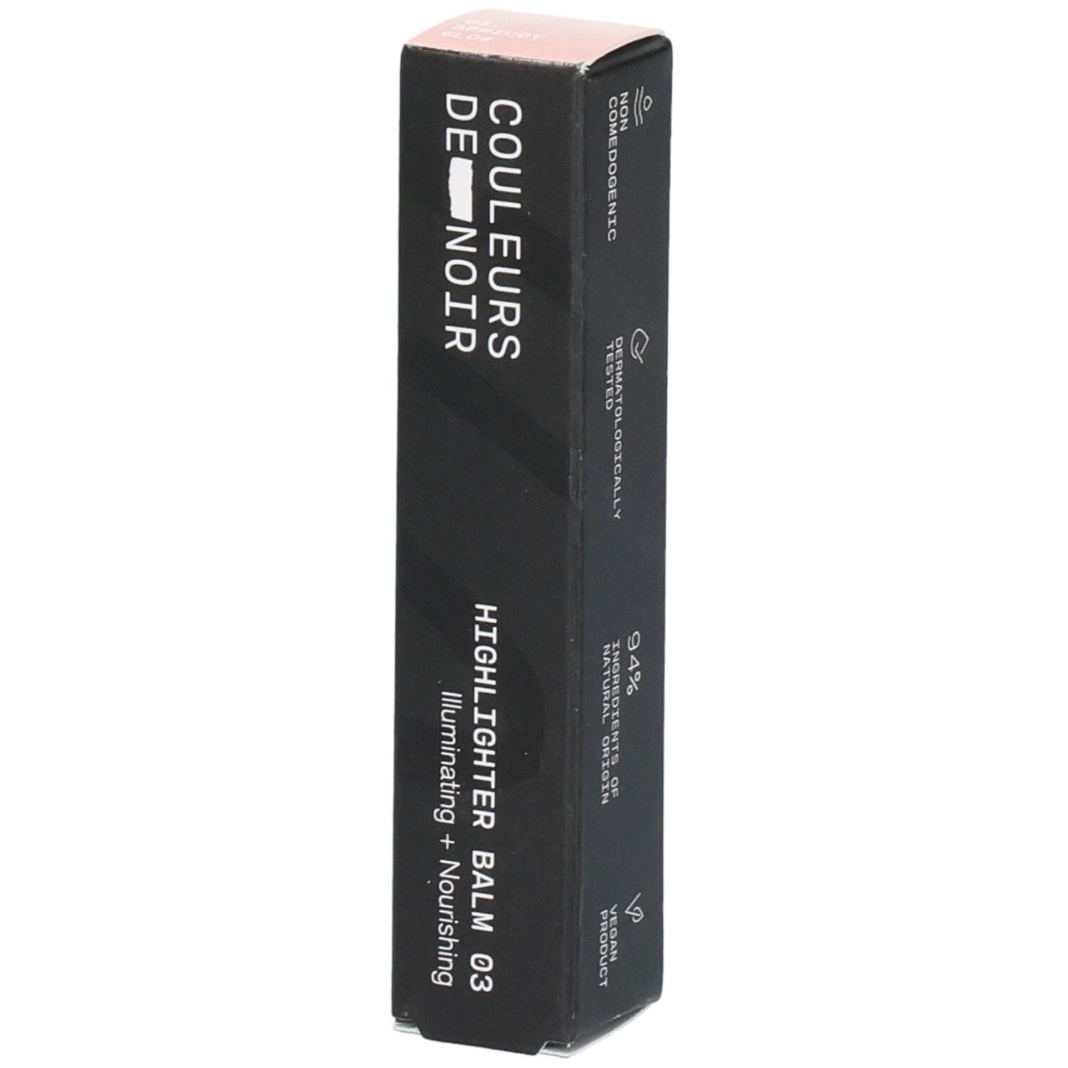 Verpackung für Highlighter Balm 03, COULEURS DE NOIR. Dermatologisch getestet, 94% natürliche Inhaltsstoffe.