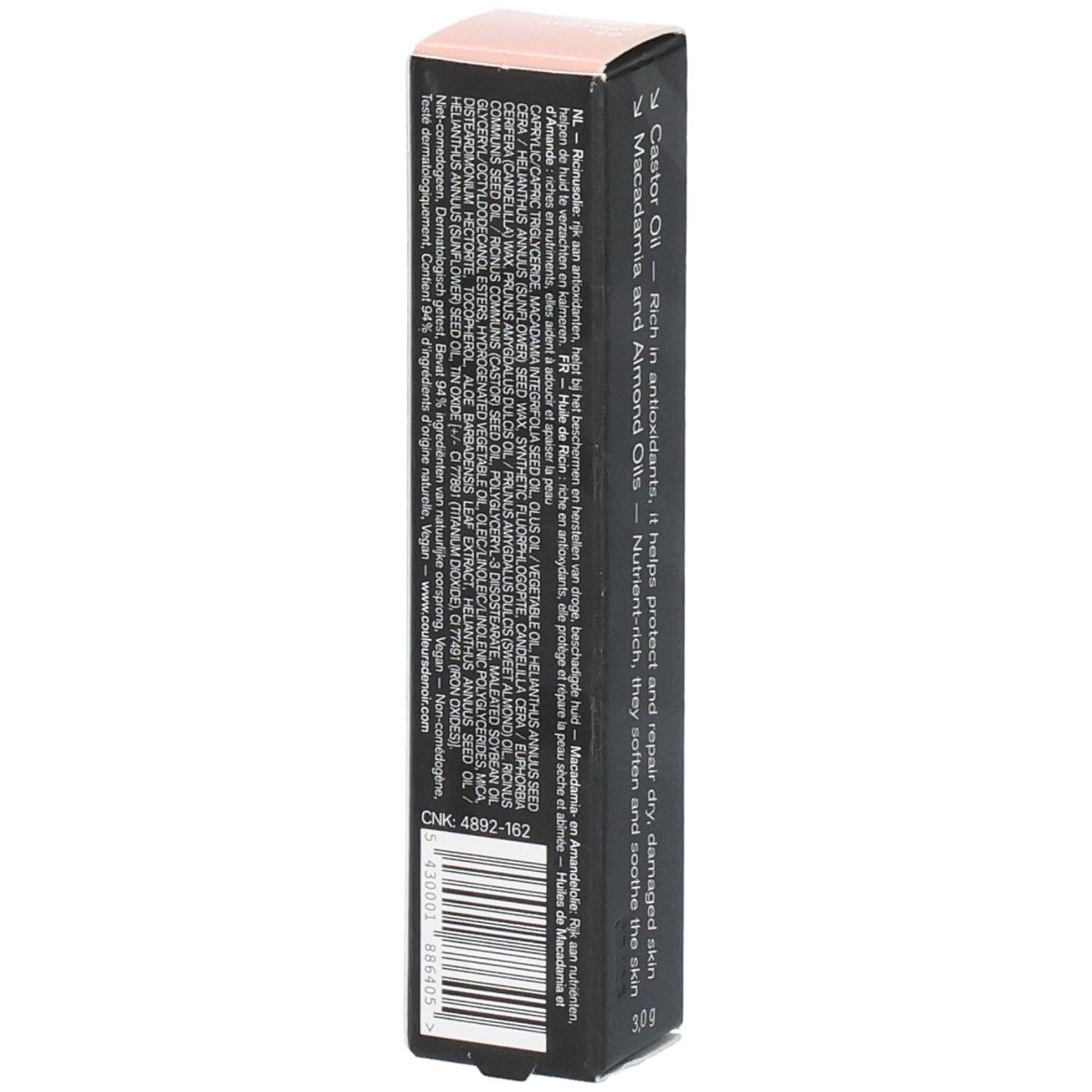 Kleine schwarze Verpackung mit Text und Barcode. Enthält Rizinusöl, Macadamia- und Mandelöle.