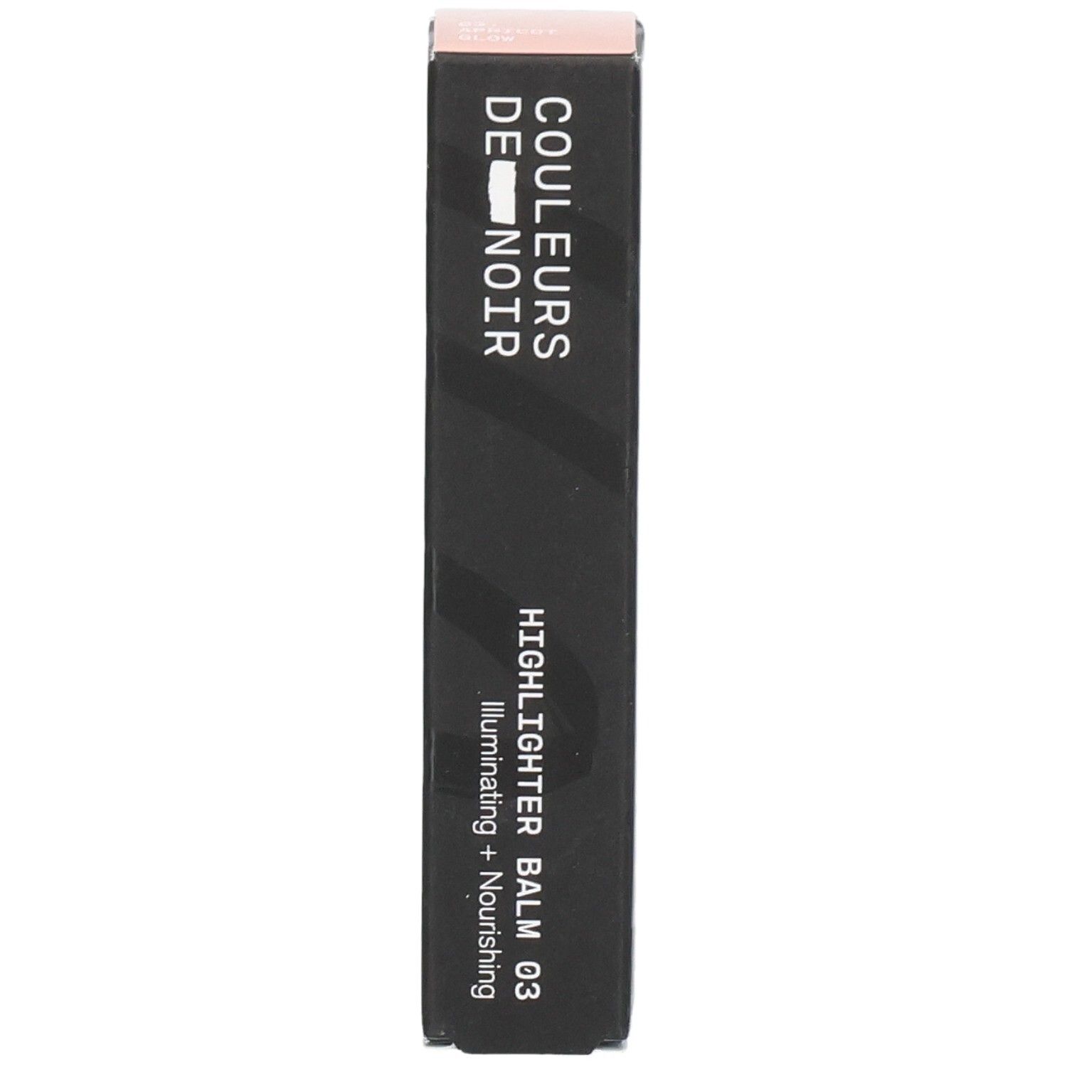 Schwarze Verpackung mit vertikalem Text: COULEURS DE NOIR, HIGHLIGHTER BALM 03, Illuminating + Nourishing.