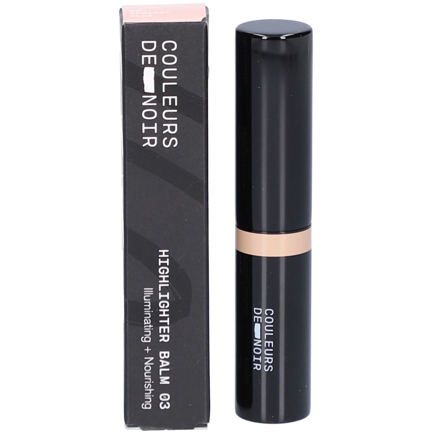 Ein schwarzer Highlighter-Balm-Stift mit goldfarbenem Ring und passender schwarzer Verpackung. Beschriftung: COULEURS DE NOIR, HIGHLIGHTER BALM 03.
