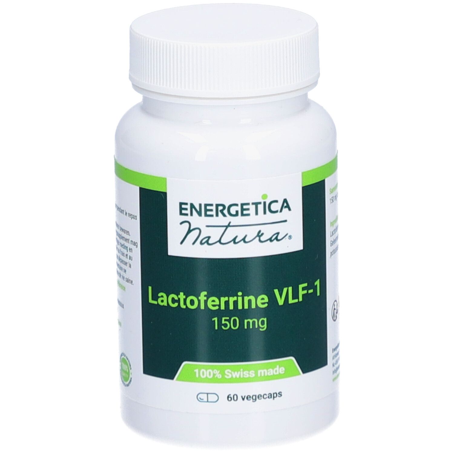 Weiße Flasche mit grünem Etikett. Energetica Natura Lactoferrin VLF-1, 150 mg. 60 Vegecaps. 100% Swiss made.