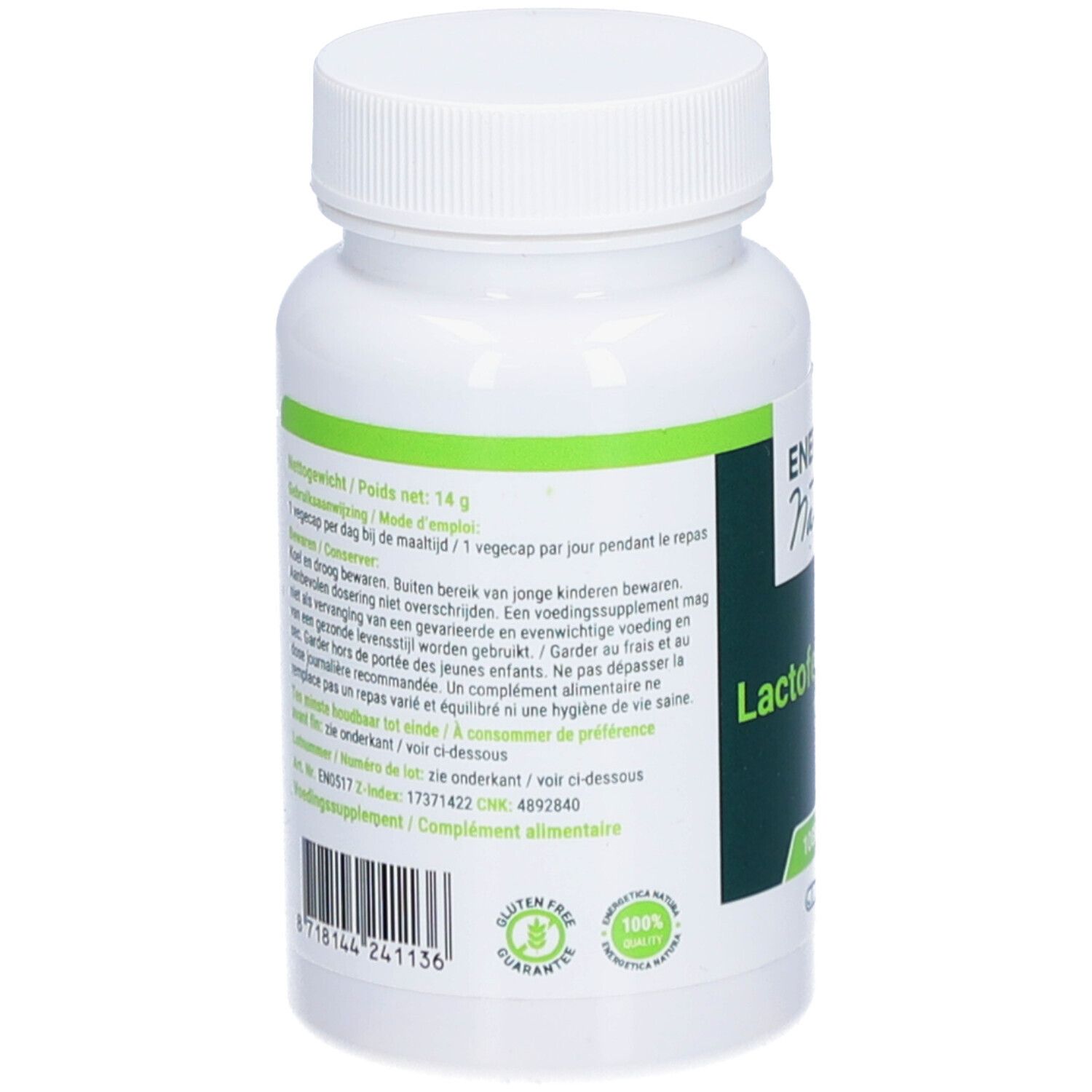 Rückseite der weißen Flasche. Text mit Produktinformationen und Inhaltsstoffen. Glutenfrei. 100% Qualität.