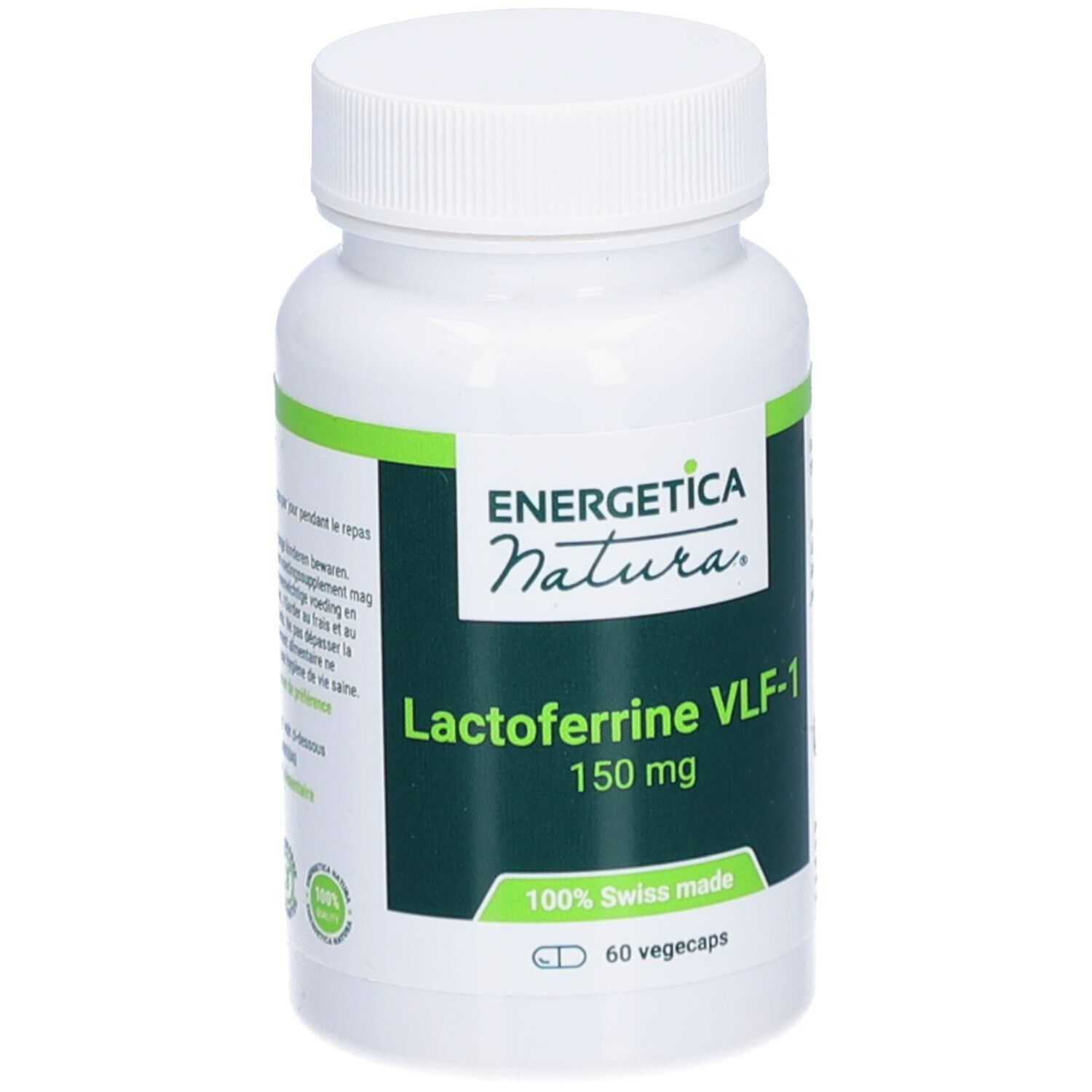 Weiße Flasche mit grünem Etikett. Energetica Natura Lactoferrin VLF-1, 150 mg. 60 Vegecaps. 100% Swiss made.