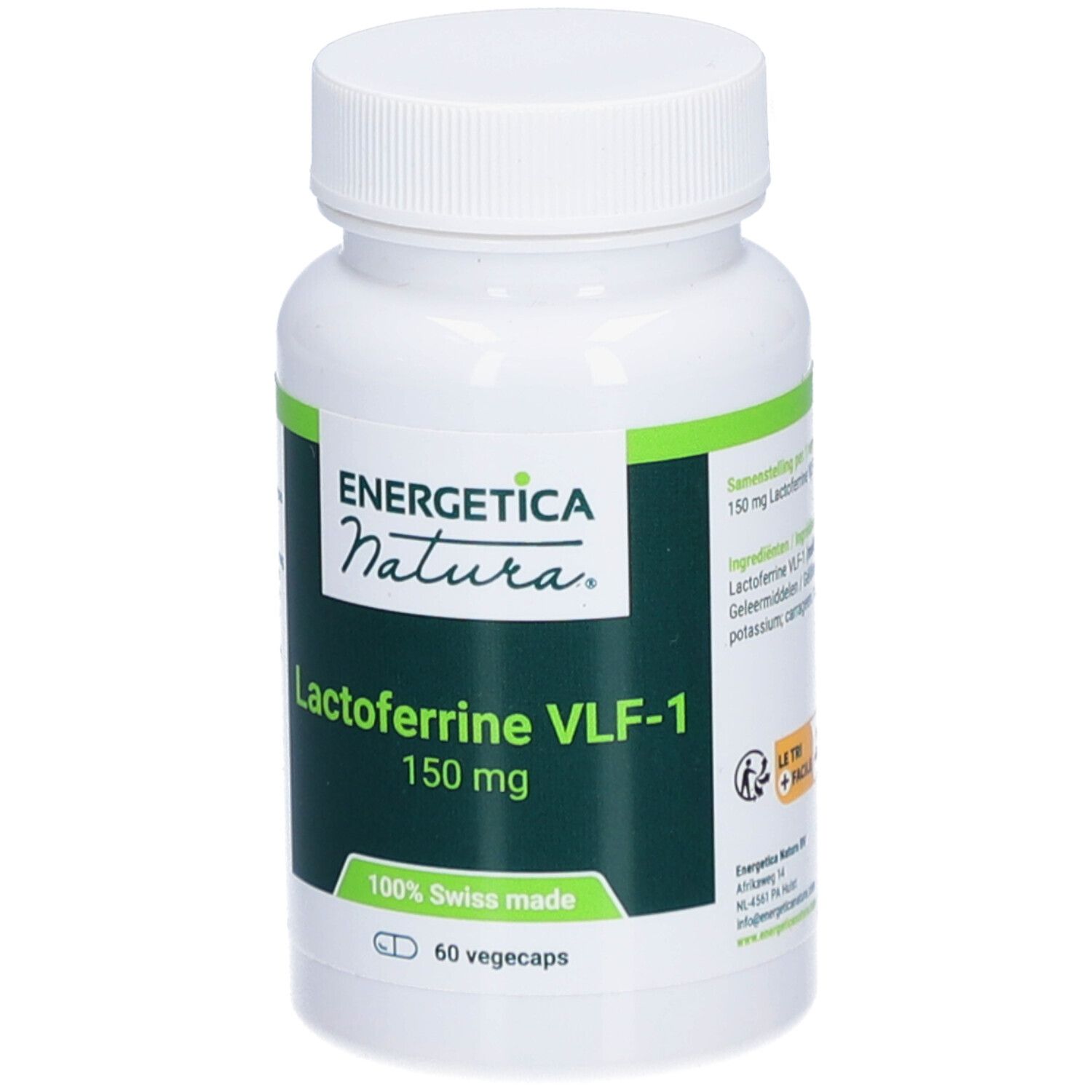 Weiße Flasche mit grünem Etikett. Energetica Natura Lactoferrin VLF-1, 150 mg. 60 Vegecaps. 100% Swiss made.