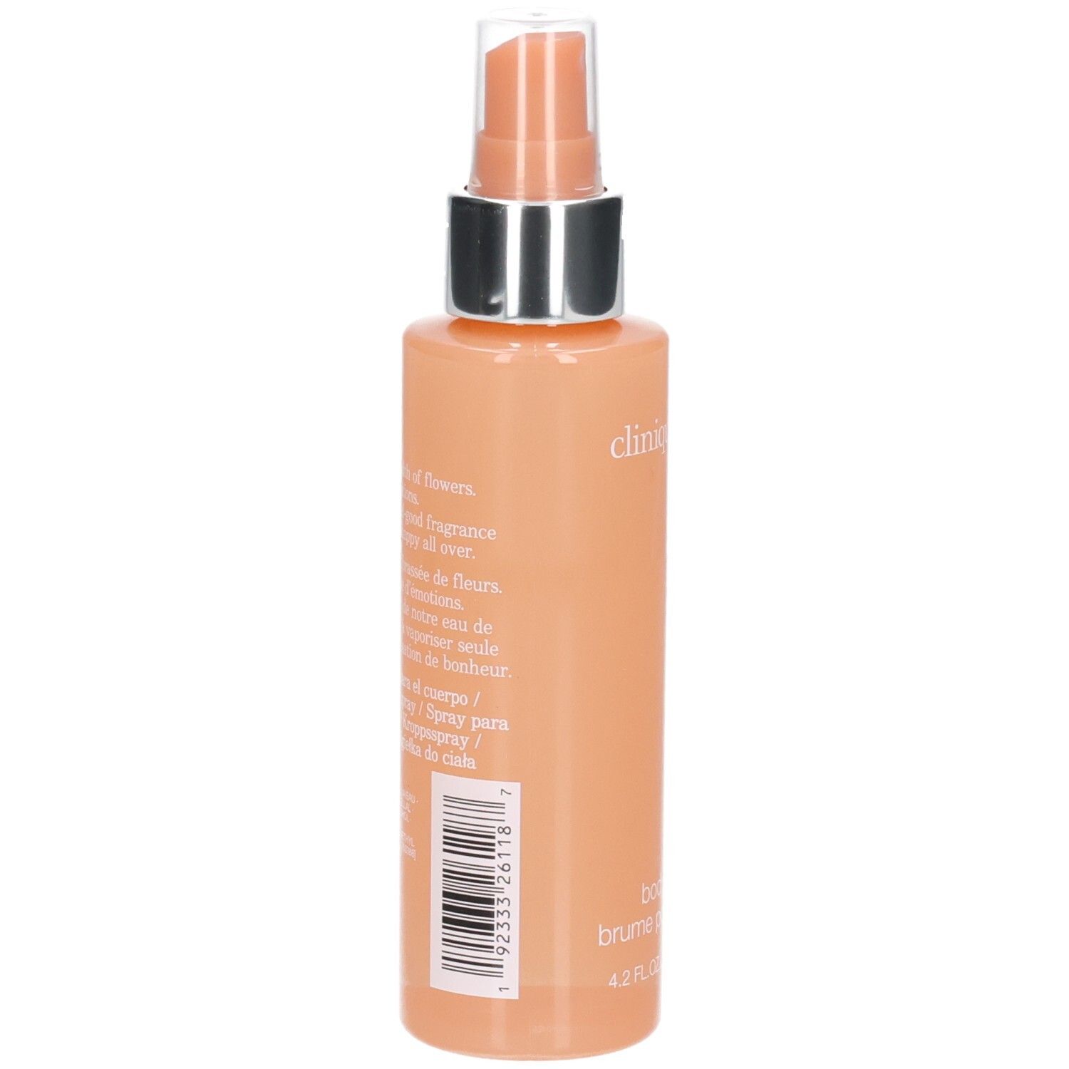 Rückansicht der Körper-Spritz-Flasche. Pfirsichfarbenes Glas mit Text und Barcode. Schriftzug: Body Spritz, 4.2 FL.OZ. LIQ./125 ml e.