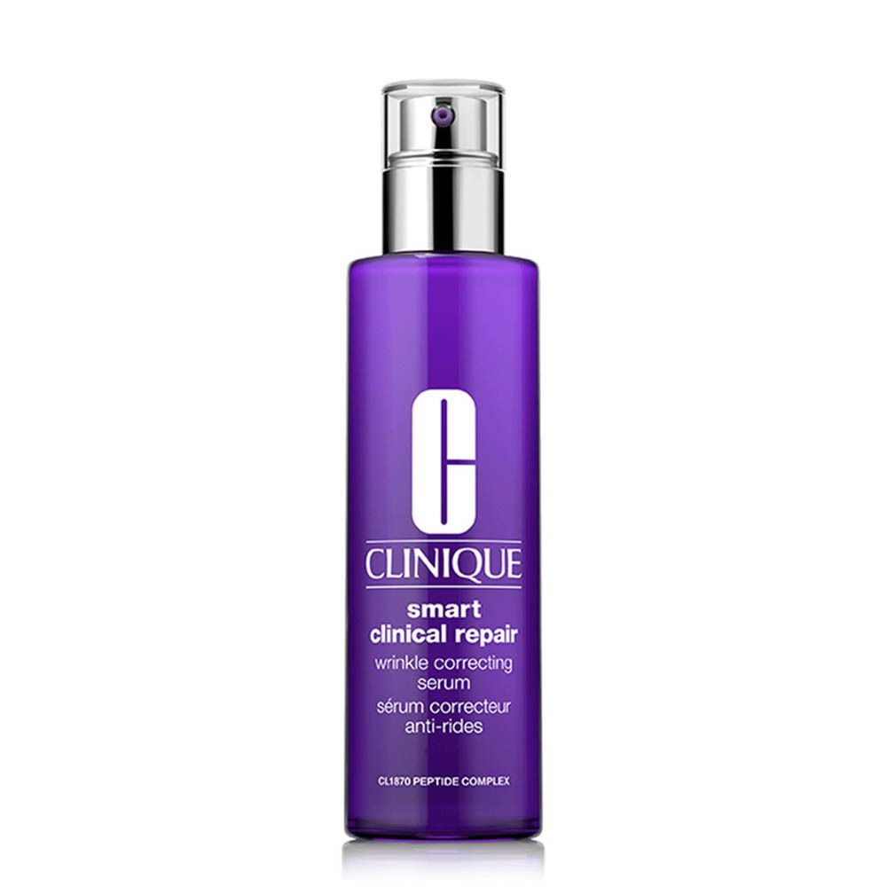 Paarse fles met serum. Zilveren spraykop. Tekst: Clinique Smart Clinical Repair.