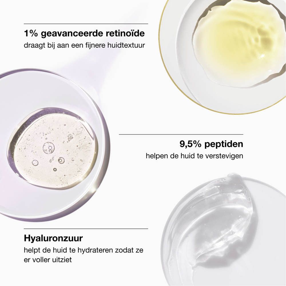 Close-up van ingrediënten: retinoïden, peptiden, hyaluronzuur.
