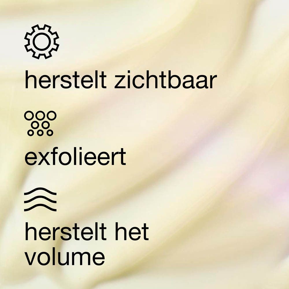 Symbolen: herstelt zichtbaar, exfolieert, herstelt het volume.