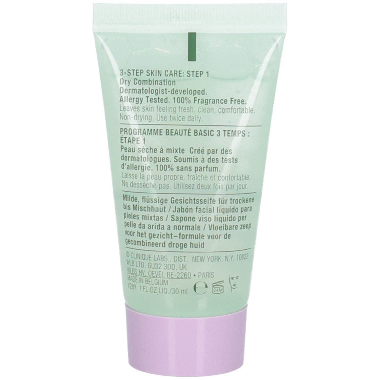 Rückseite der grünen Tube. Text: 3-Step Skin Care, Dermatologisch getestet, 100% parfümfrei. Inhaltsstoffe und Hersteller.