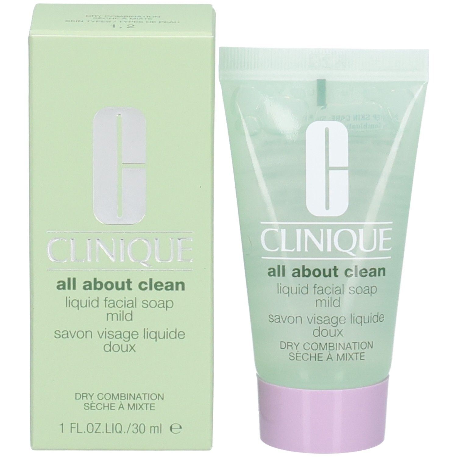 Produktverpackung: Grüne Schachtel und Tube. Clinique, All About Clean, flüssige Gesichtsseife mild. Für trockene bis Mischhaut.