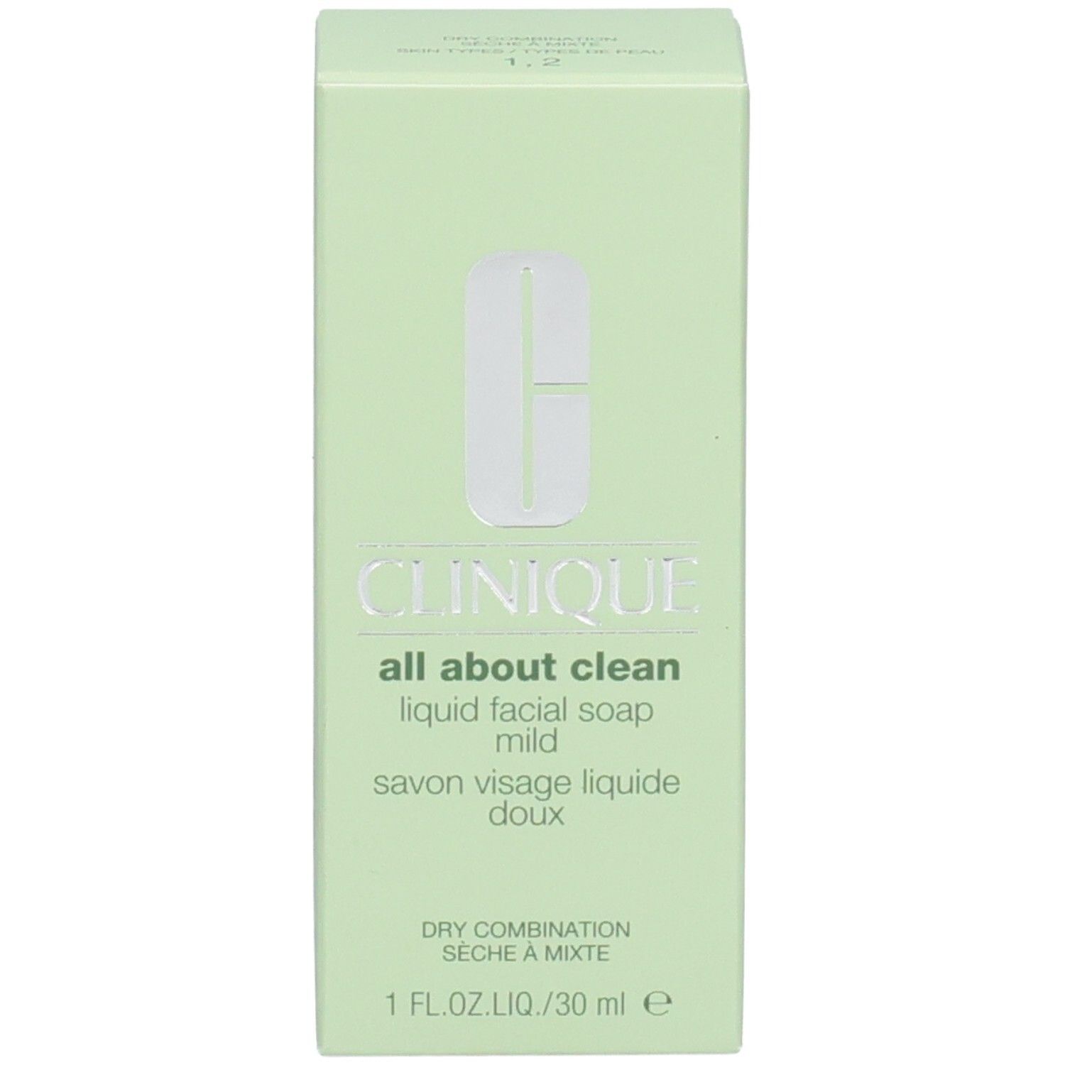 Grüne Schachtel mit Clinique-Logo und Produktinformationen. All About Clean, flüssige Gesichtsseife mild. Für trockene bis Mischhaut.