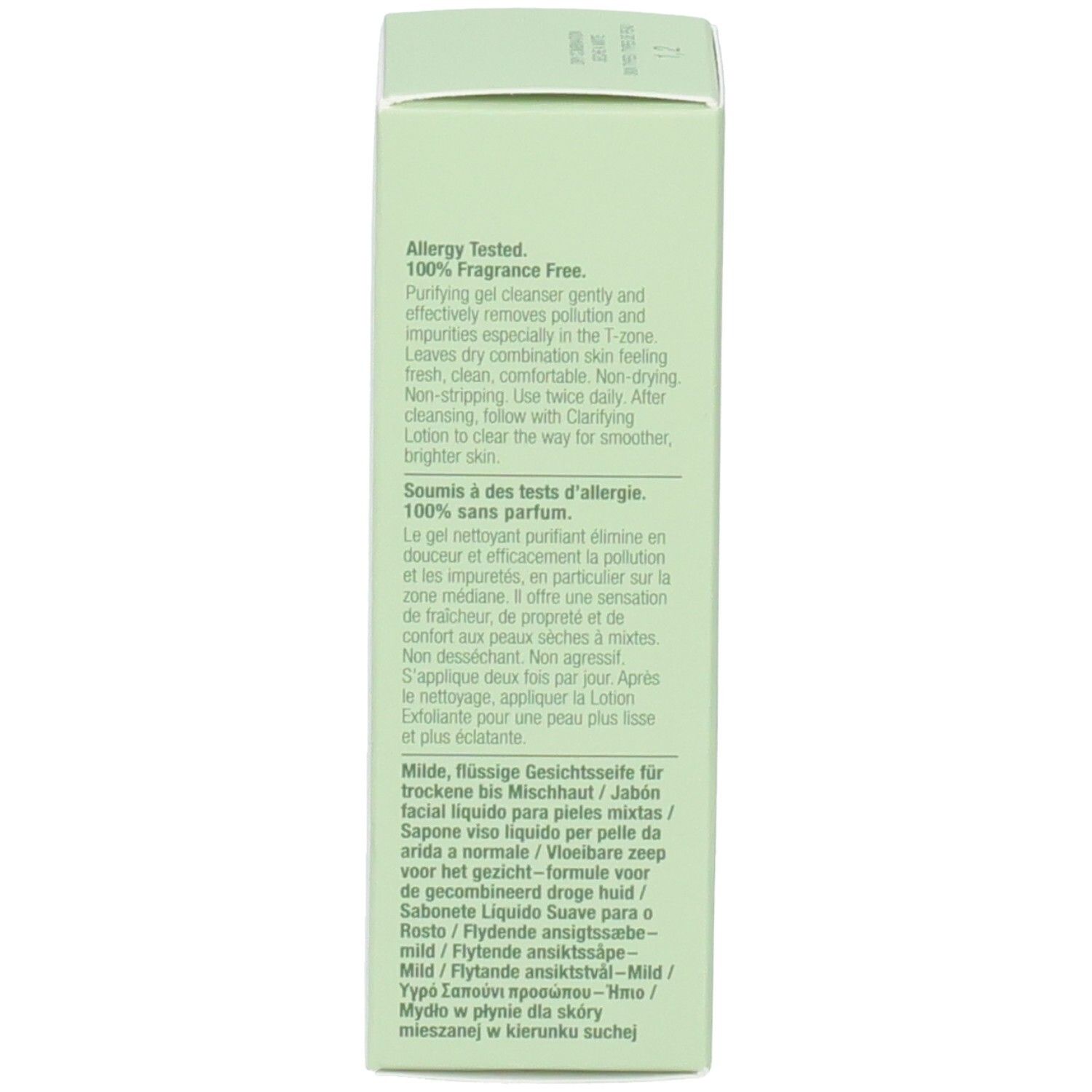 Rückseite der grünen Schachtel. Text: 100% parfümfrei, für trockene bis Mischhaut. Inhaltsstoffe und Herstellerangaben.