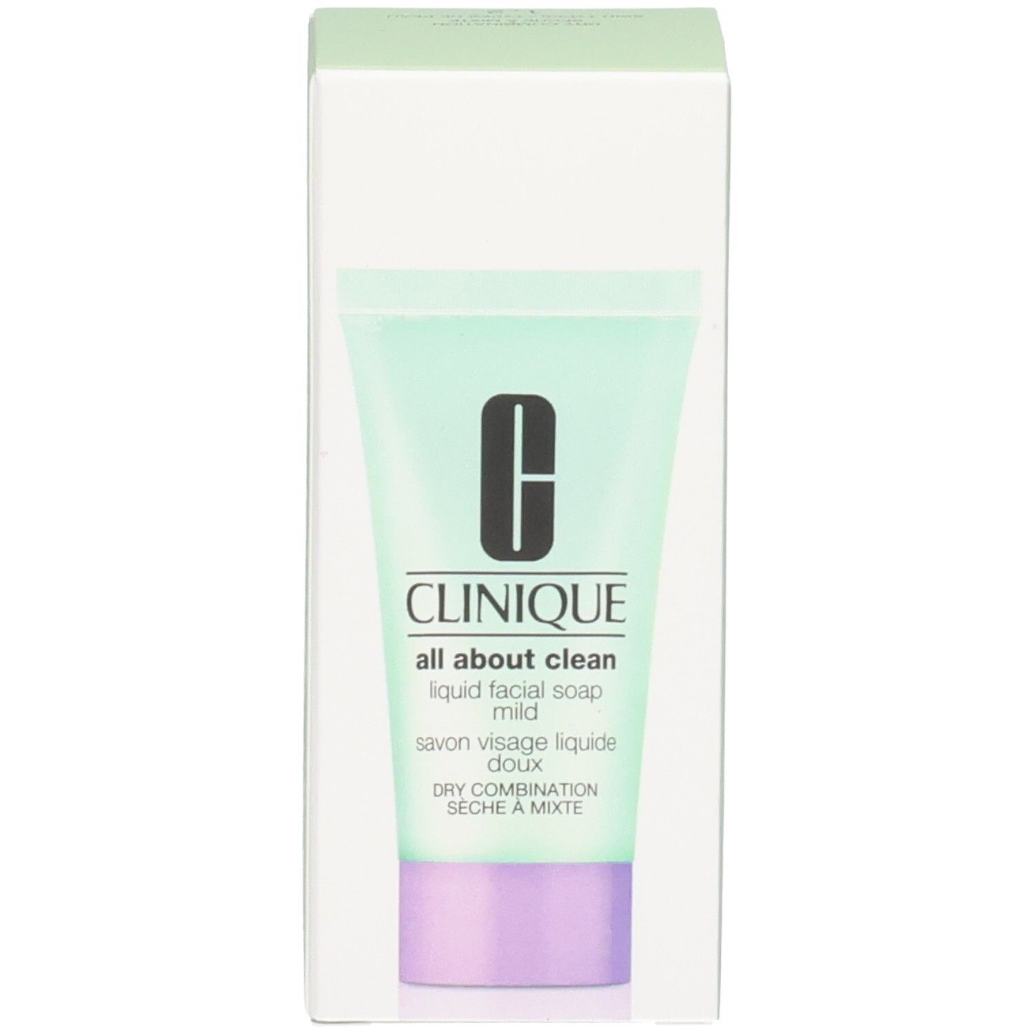 Produktverpackung: Grüne Schachtel mit Tube. Clinique, All About Clean, flüssige Gesichtsseife mild. Für trockene bis Mischhaut.