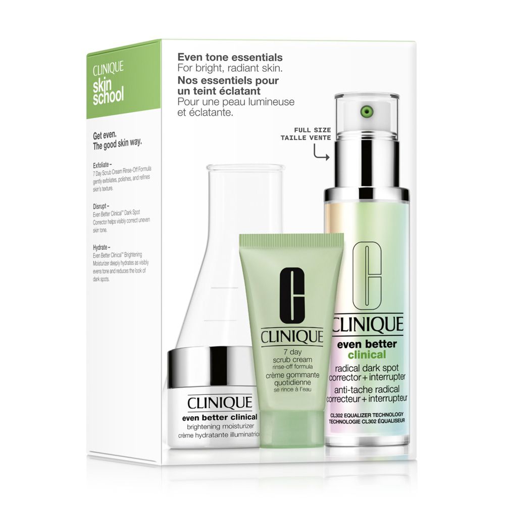 Hautpflege-Set in einer weißen Schachtel mit grünen Akzenten. Enthält Flasche, Tube und Tiegel. Text: Clinique Even Better.