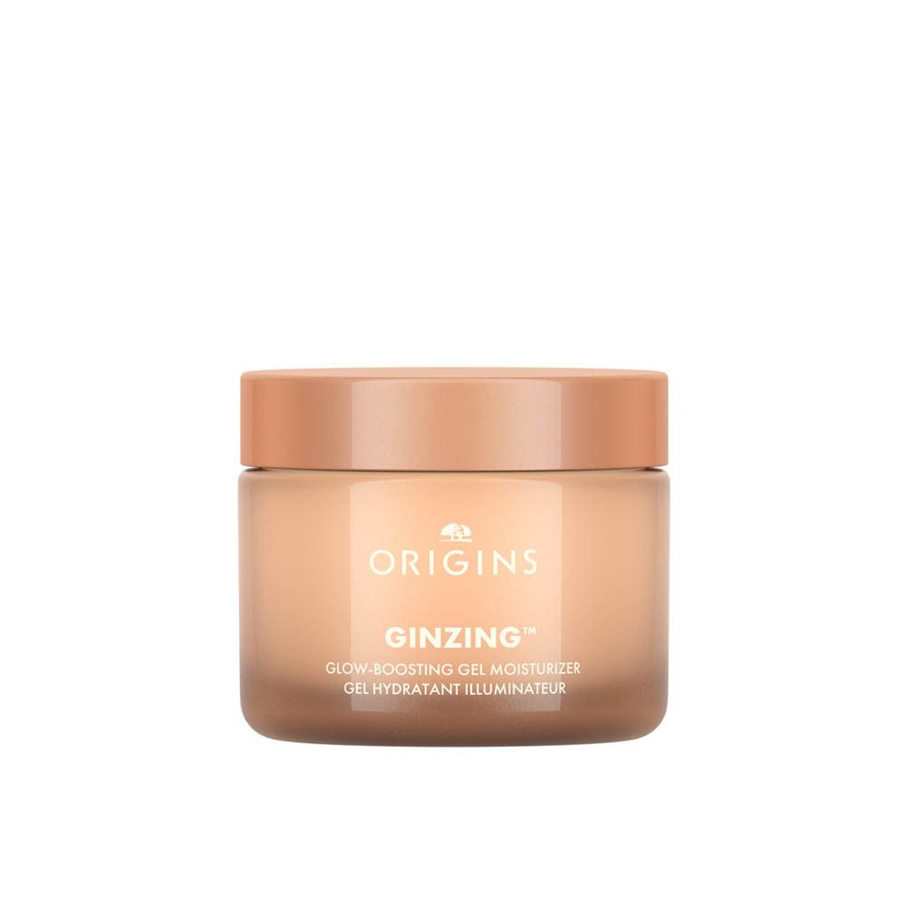 Beige pot met deksel. Opschrift: ORIGINS GINZING™ GLOW-BOOSTING GEL MOISTURIZER.
