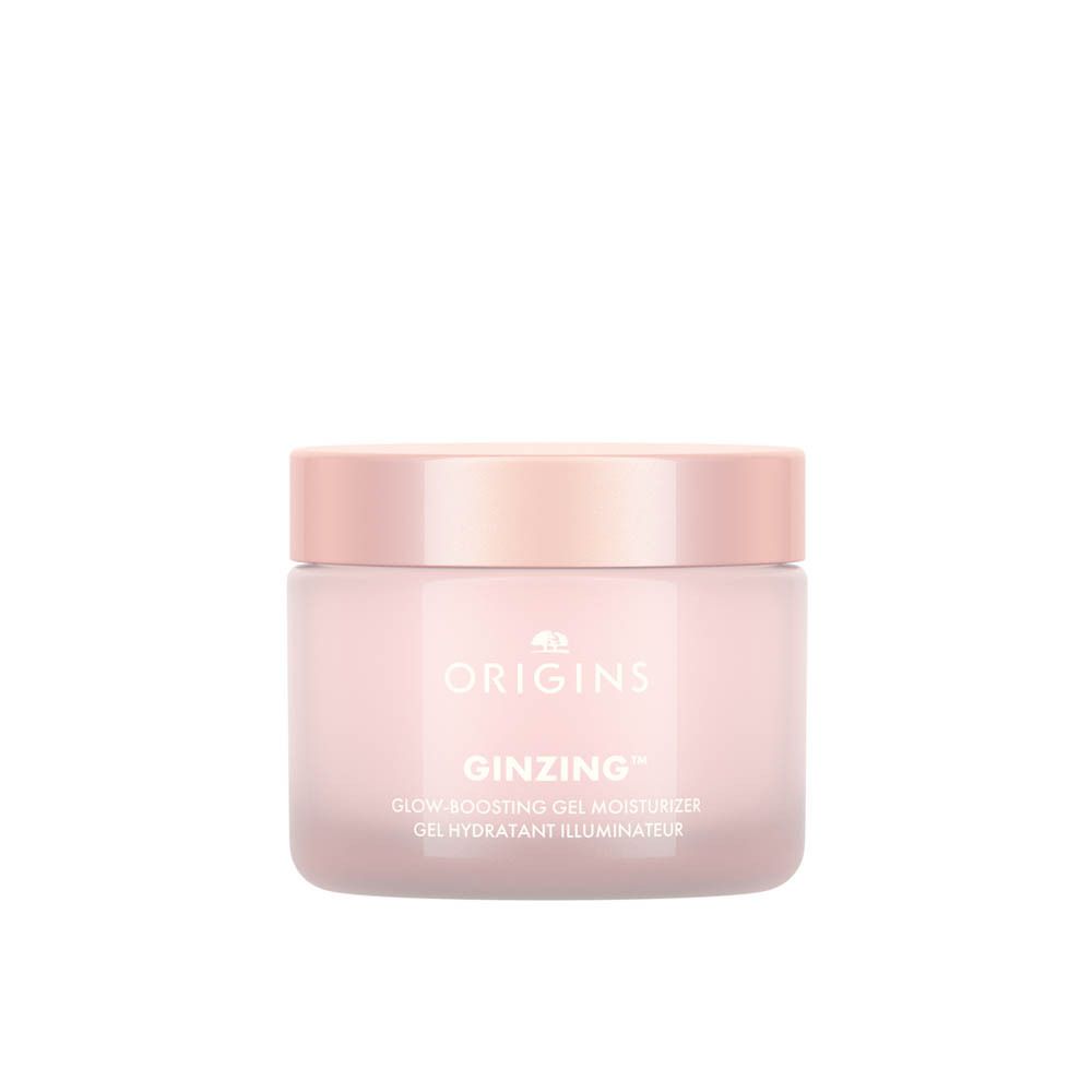 Pot rose avec couvercle. Inscription : ORIGINS GINZING Glow-Boosting Gel Moisturizer.