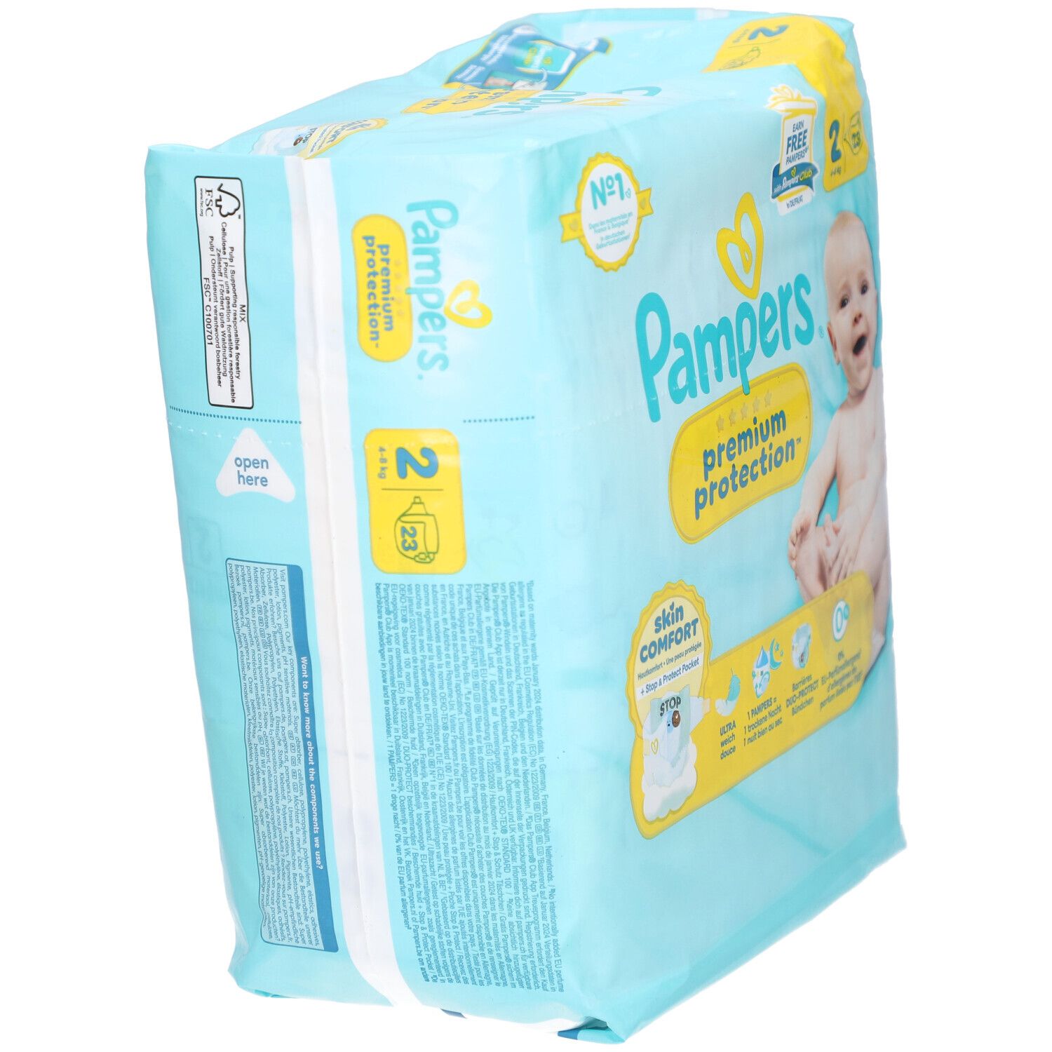 Pampers Premium Protection T2 Windelpackung, schräg. Aufschrift: Premium Protection, Skin Comfort, Größe 2, 4-8 kg. Babyabbildung.
