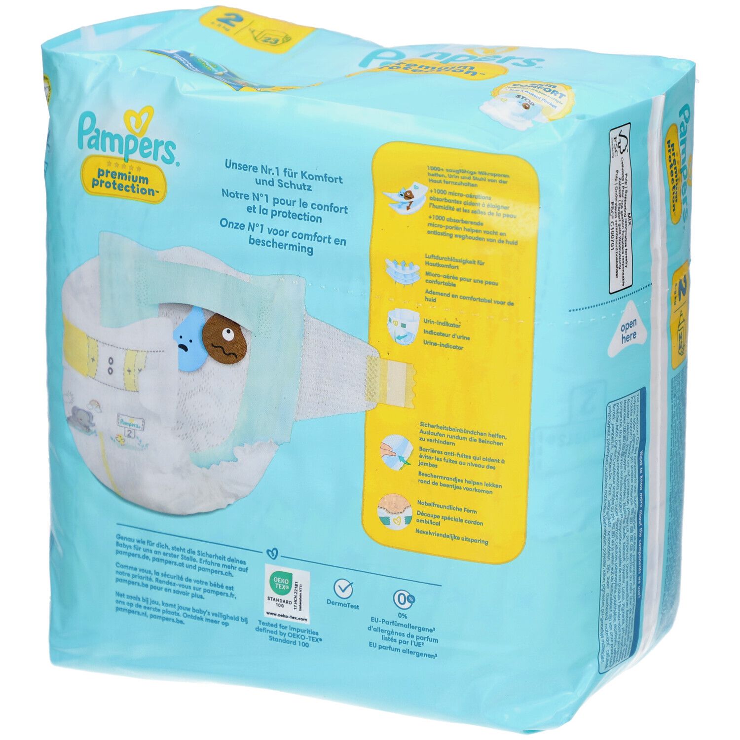 Rückseite der Pampers Premium Protection T2 Windelpackung. Aufschrift: Unsere Nr. 1 für Komfort und Schutz. Illustrationen und Text.