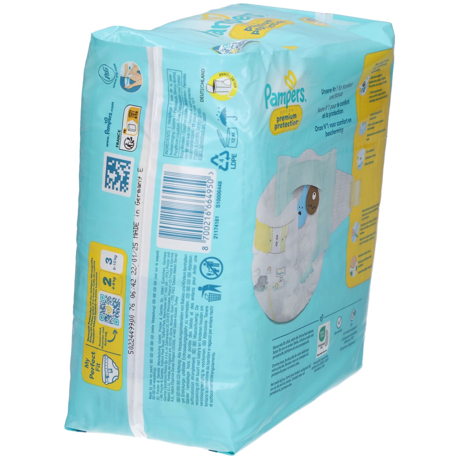 Schrägansicht der Rückseite der Pampers Premium Protection T2 Windelpackung. Illustrationen und Text. Aufschrift: Unsere Nr. 1 für Komfort und Schutz.