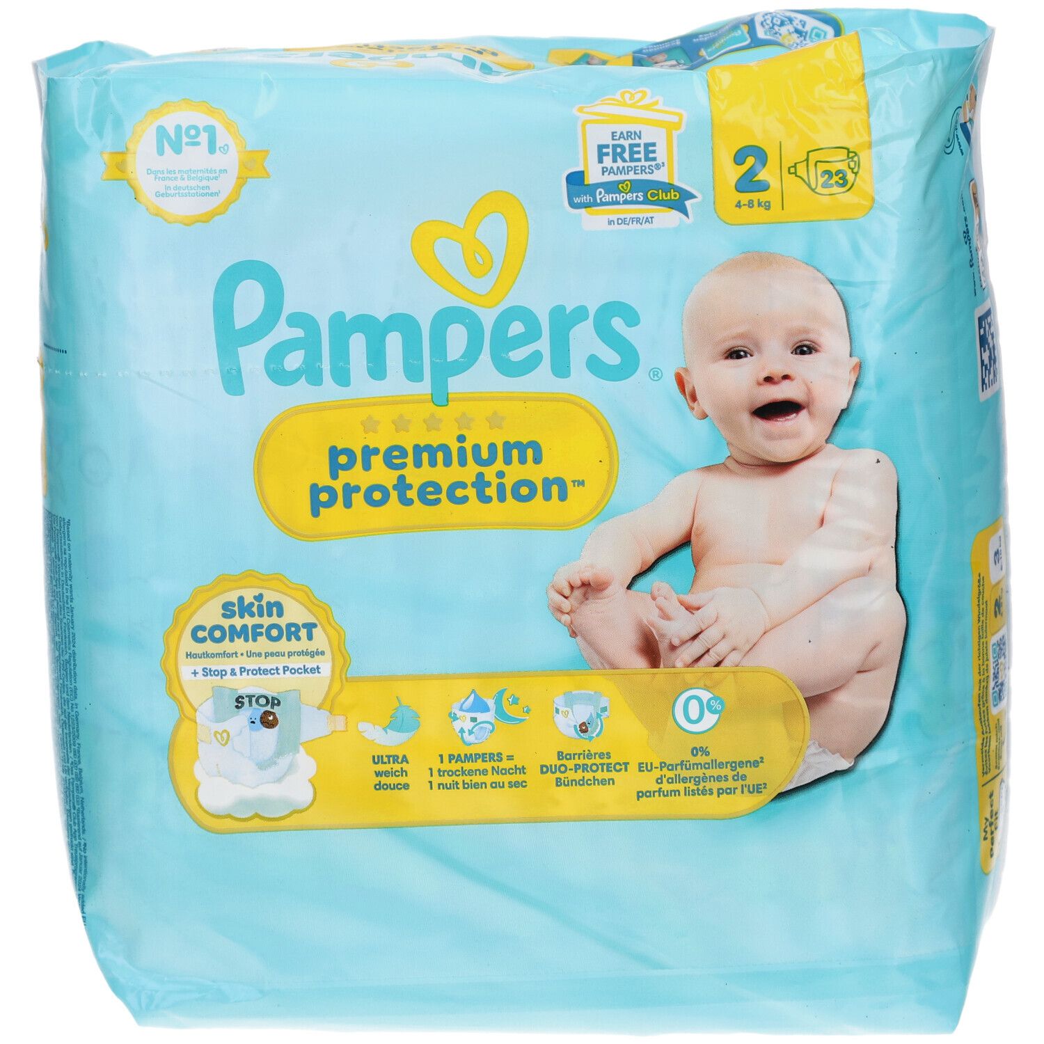 Pampers Premium Protection T2 Windelpackung mit Babyabbildung. Aufschrift: Premium Protection, Skin Comfort, Größe 2, 4-8 kg. Zertifizierung.