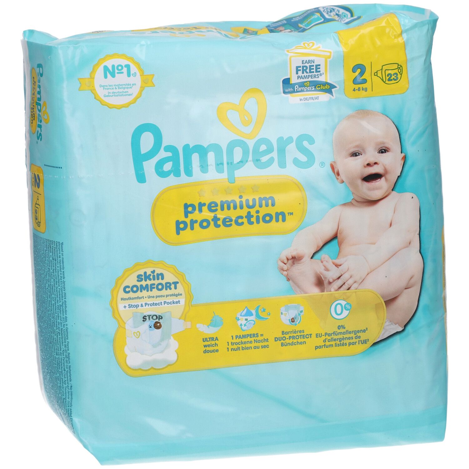 Pampers Premium Protection T2 Windelpackung mit Babyabbildung. Aufschrift: Premium Protection, Skin Comfort, Größe 2, 4-8 kg. Zertifizierung.