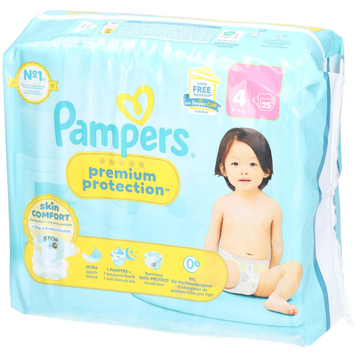Pampers Premium Protection Windeln, Größe 4, Packung. Baby auf der Verpackung. Skin Comfort Logo. 25 Stück.