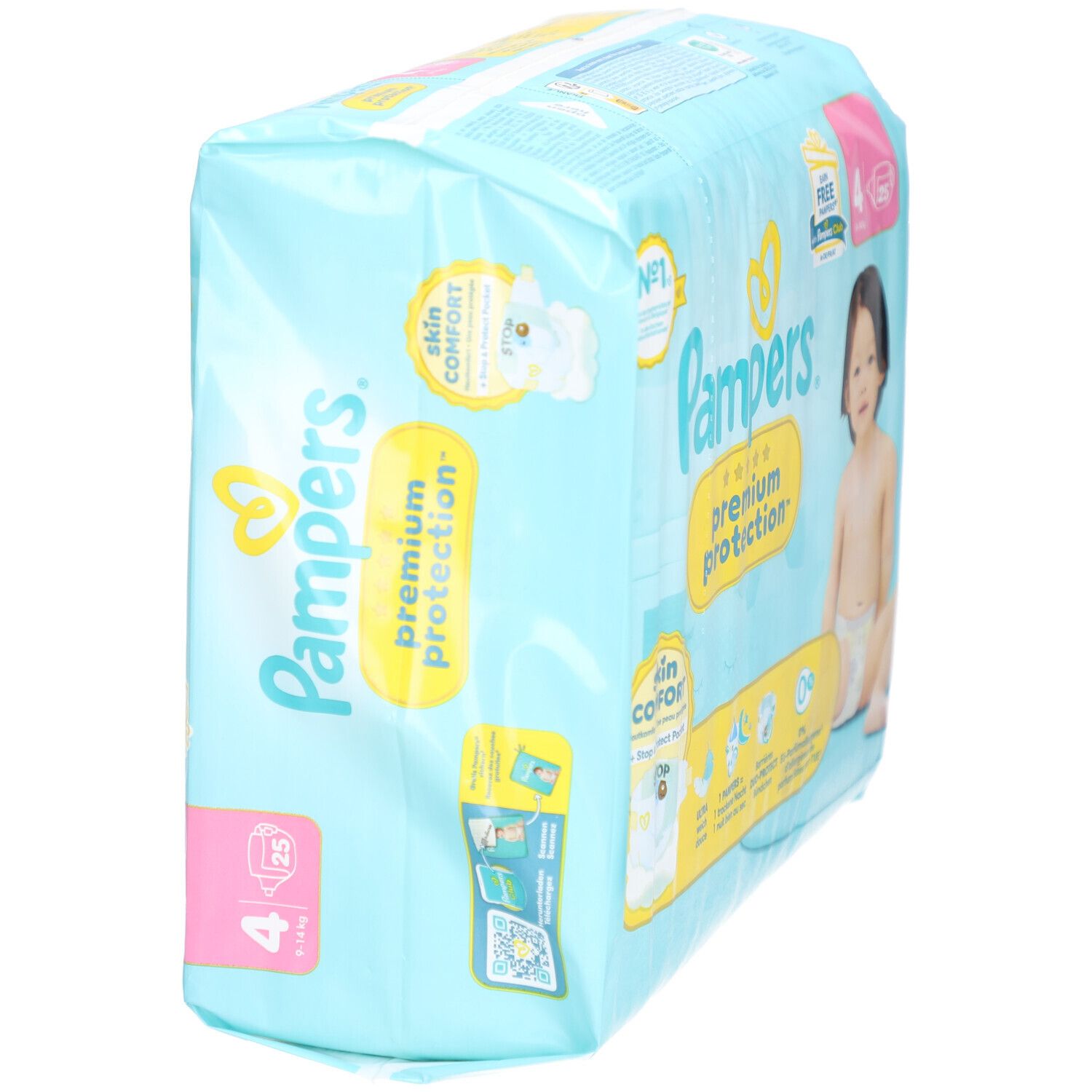 Pampers Premium Protection Windelpackung, Größe 4. Baby auf der Verpackung. Skin Comfort Logo. 25 Stück.