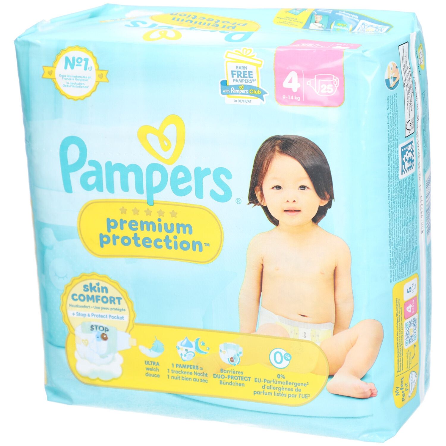 Pampers Premium Protection Windelpackung, Größe 4. Baby auf der Verpackung. Skin Comfort Logo. 25 Stück.
