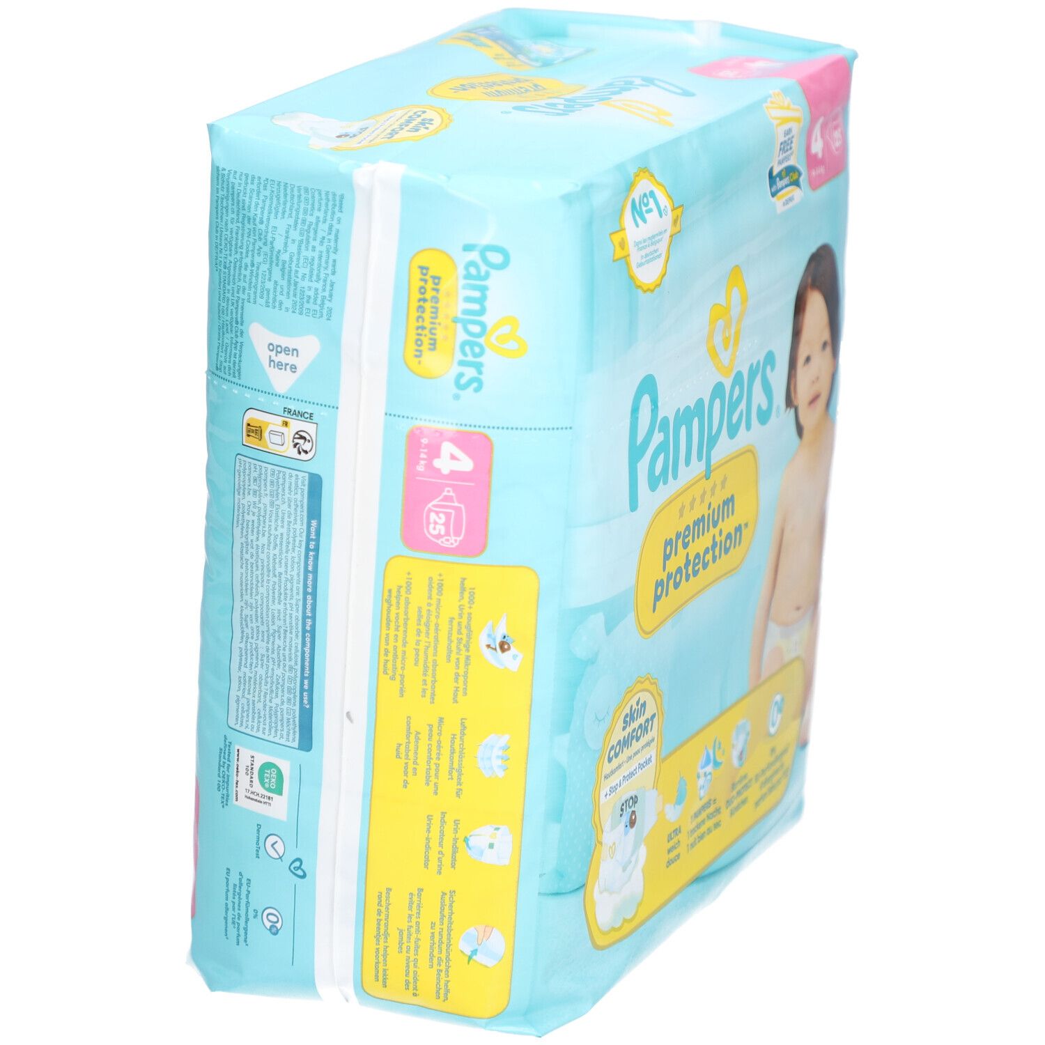 Pampers Premium Protection Windelpackung, Größe 4. Baby auf der Verpackung. Skin Comfort Logo. 25 Stück.