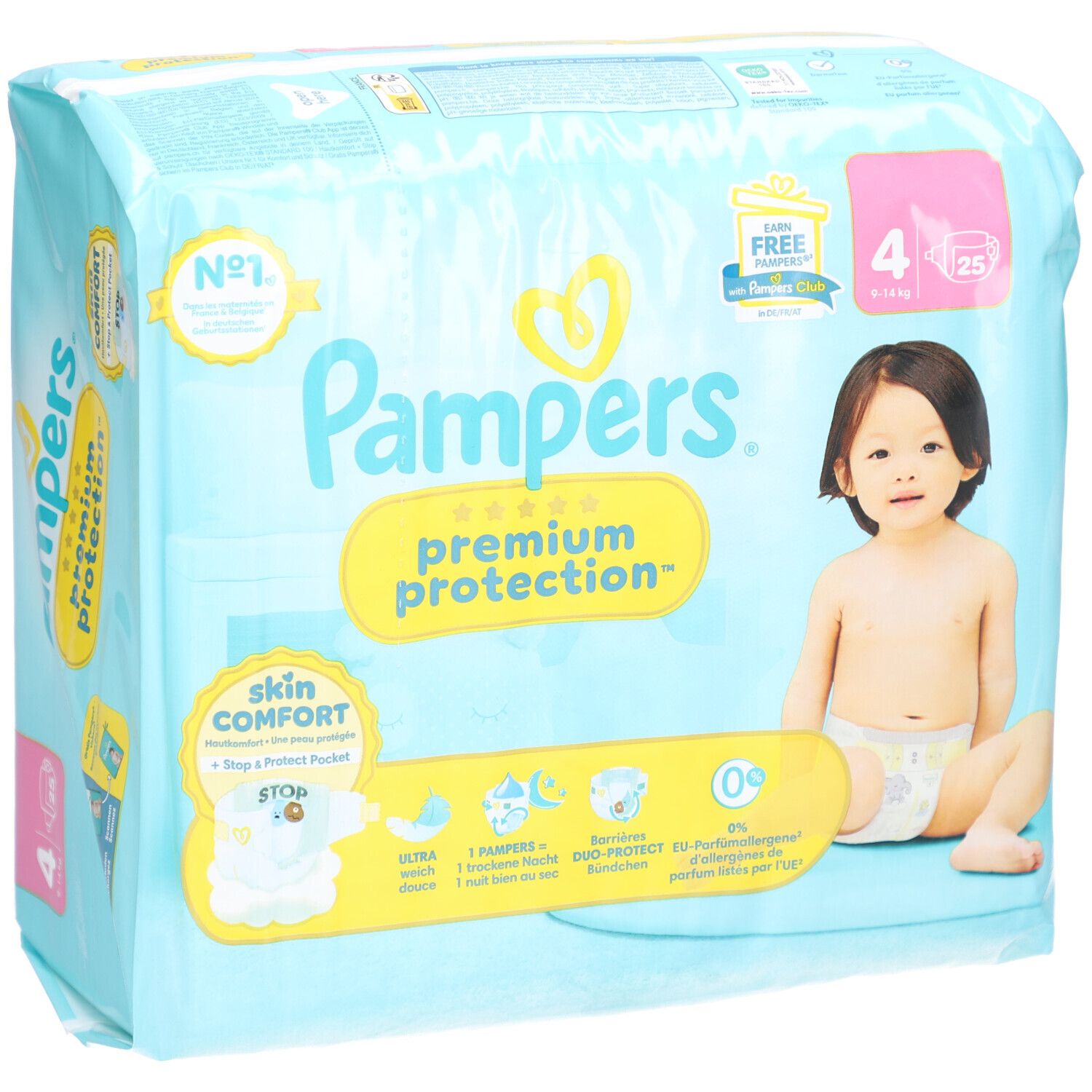 Pampers Premium Protection Windelpackung, Größe 4. Baby auf der Verpackung. Skin Comfort Logo. 25 Stück.