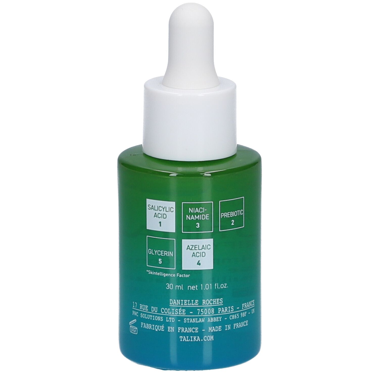 Grüne Flasche mit weißem Deckel und Pipette. Aufschrift: Talika Skin Intelligence Serum Purifiant. Inhaltsstoffe.