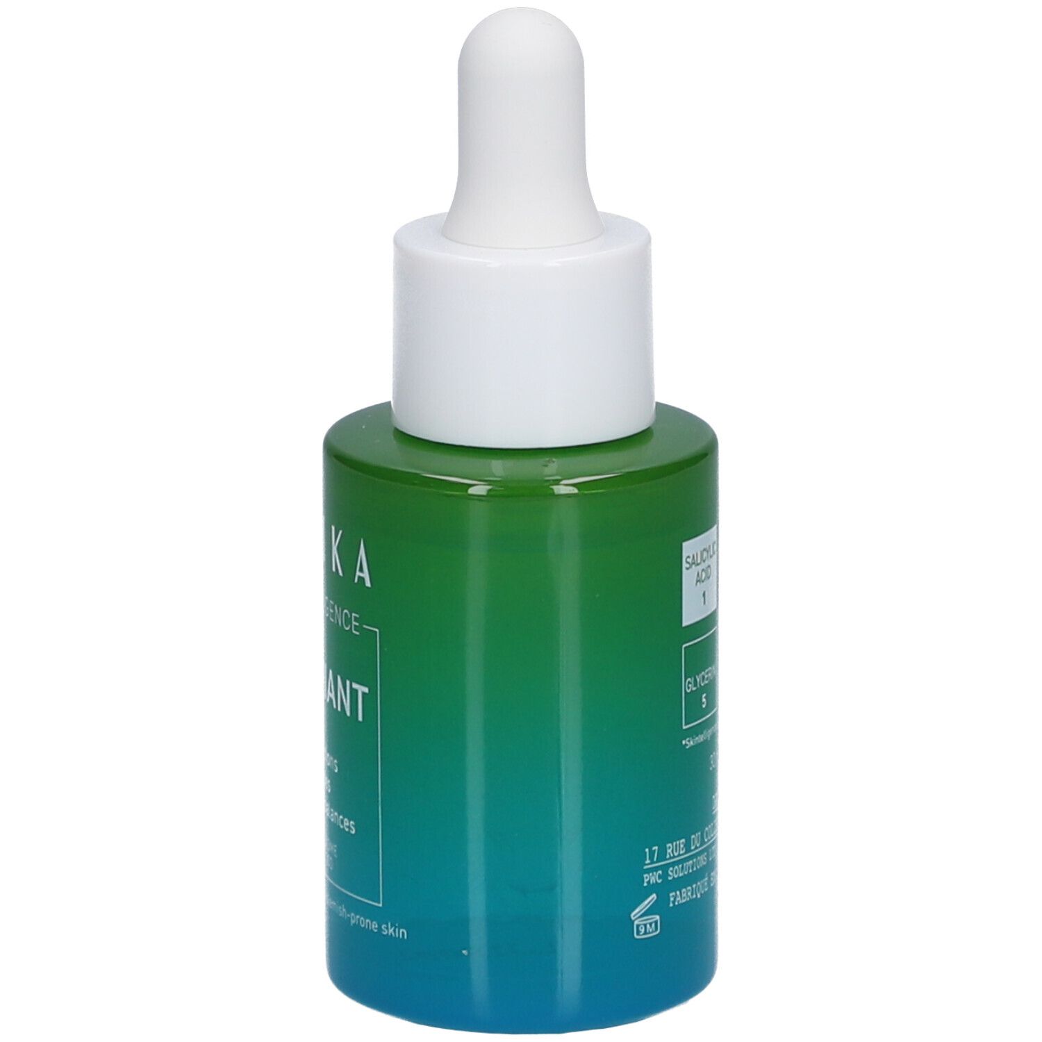 Rückseite einer grünen Flasche mit weißem Deckel und Pipette. Aufschrift: Talika Skin Intelligence Serum Purifiant.