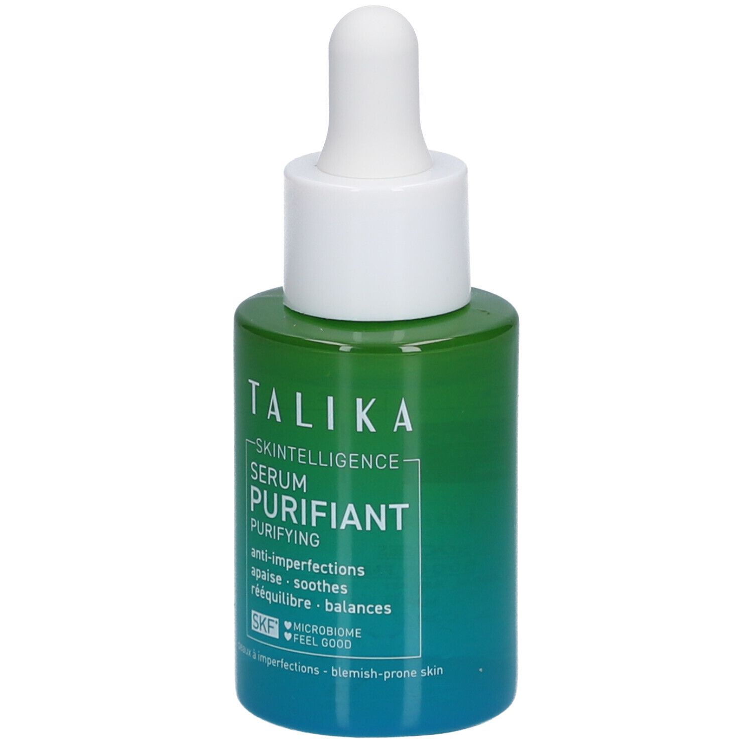 Grüne Flasche mit weißem Deckel und Pipette. Aufschrift: Talika Skin Intelligence Serum Purifiant.