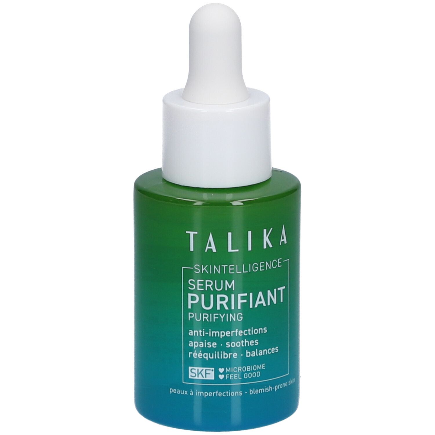 Grüne Flasche mit weißem Deckel und Pipette. Aufschrift: Talika Skin Intelligence Serum Purifiant.