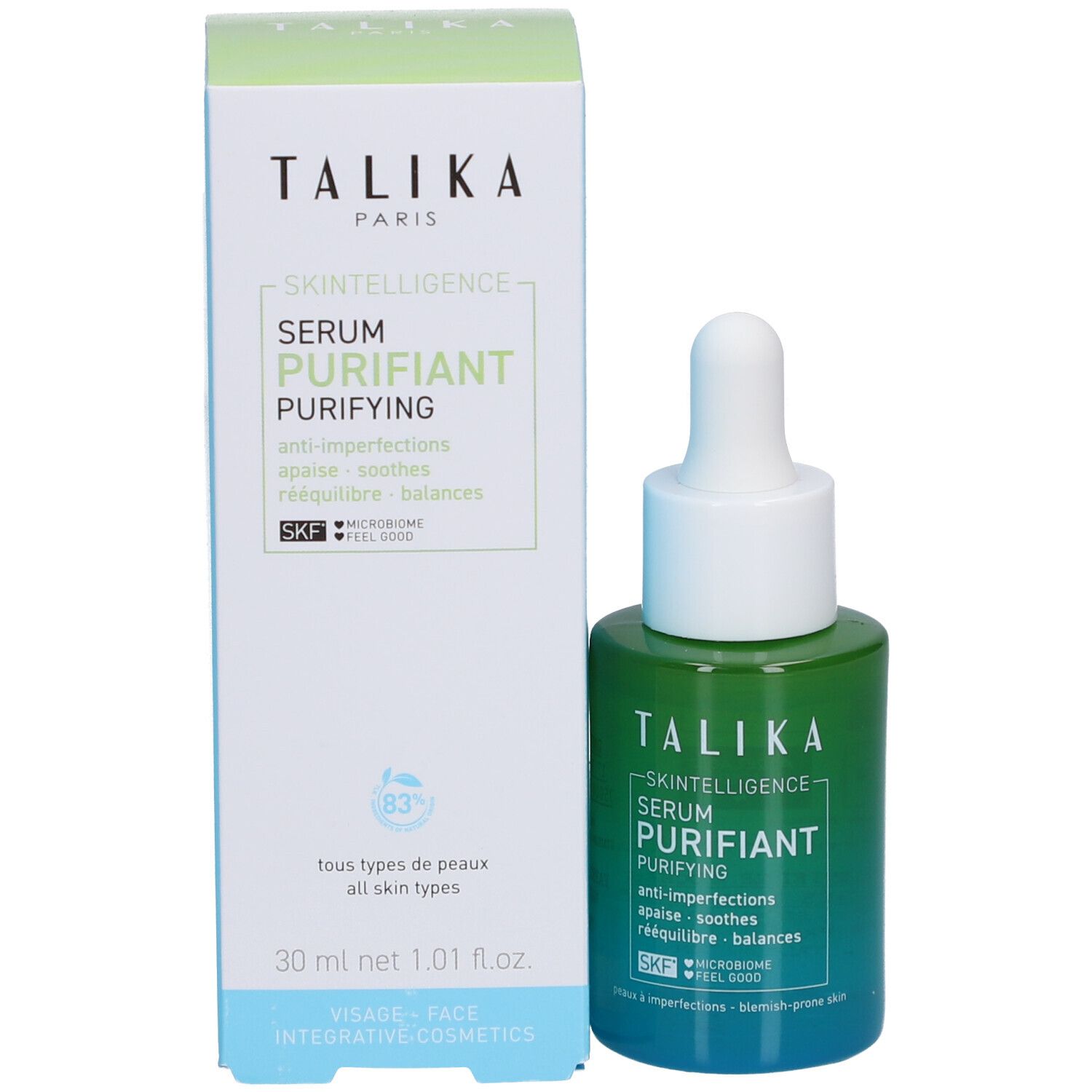 Produkt und Verpackung. Grüne Flasche mit weißem Deckel und Pipette. Aufschrift: Talika Skin Intelligence Serum Purifiant.