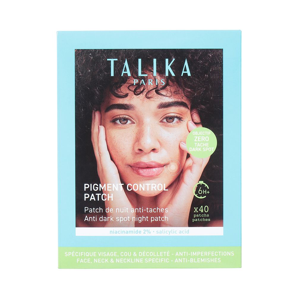 Emballage du produit avec nom et visage d'une femme. Texte : Pigment Control Patch, patch de nuit anti-taches, 40 patchs.