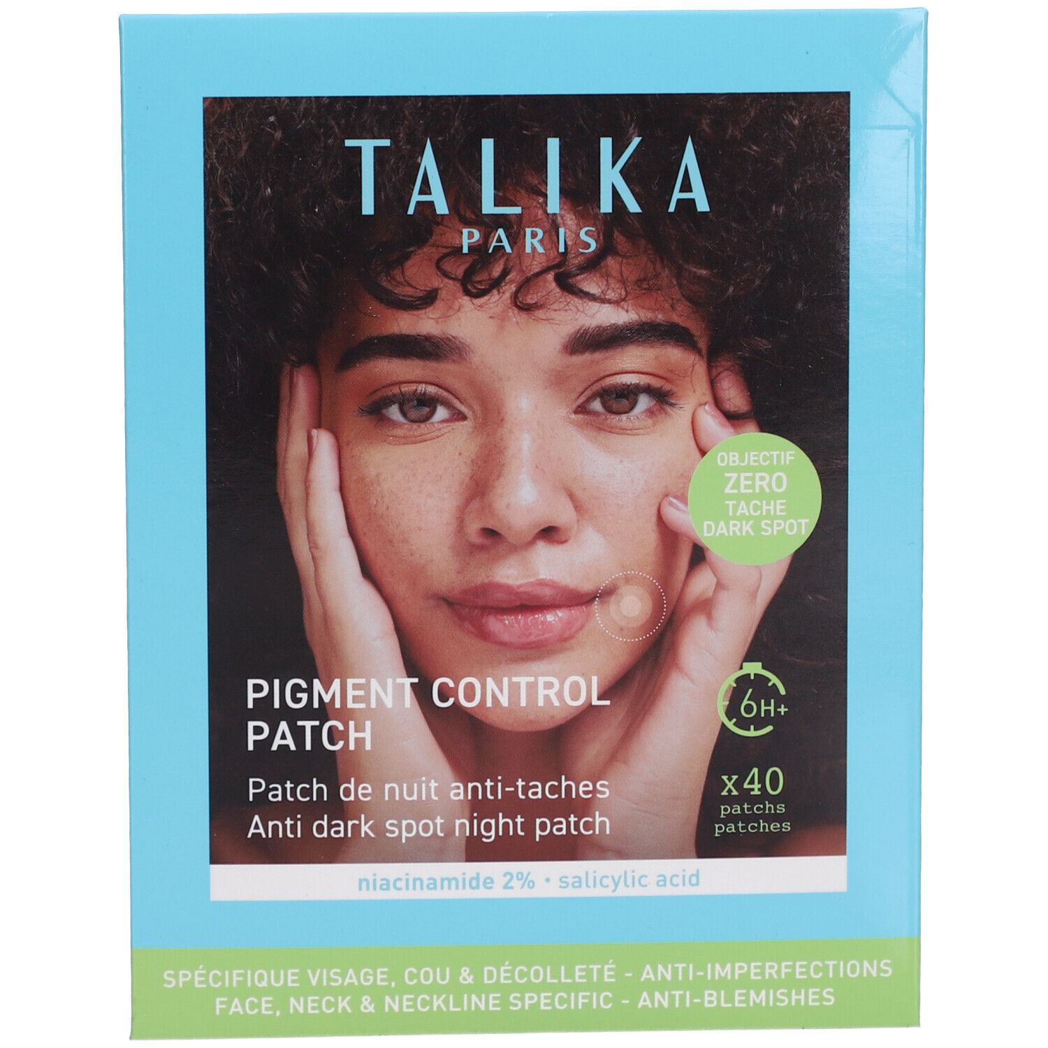 Boîte avec nom du produit et visage d'une femme. Texte : Pigment Control Patch, patch de nuit anti-taches, 40 patchs.