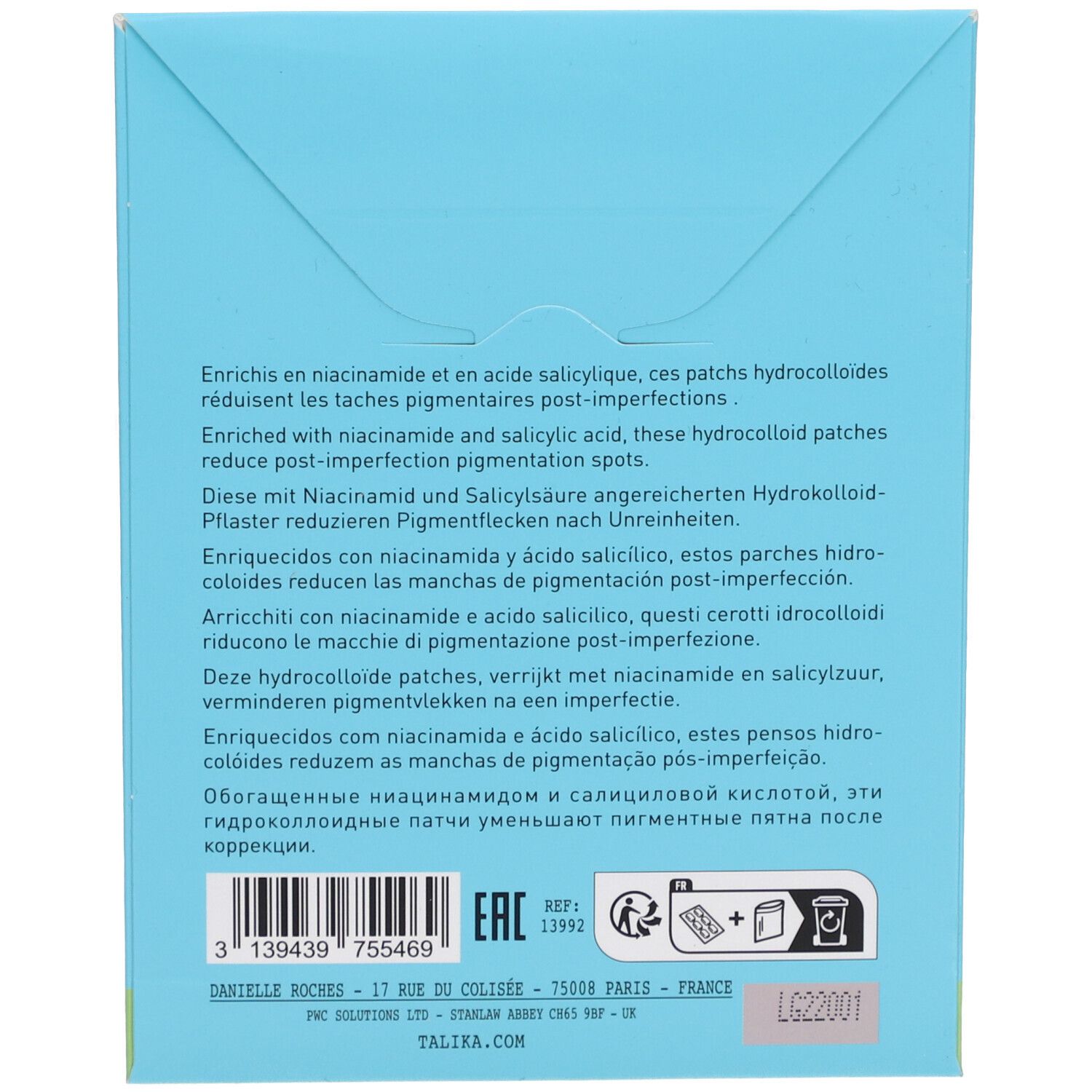 Dos de la boîte avec texte multilingue. Contient des informations sur les ingrédients et le fabricant.