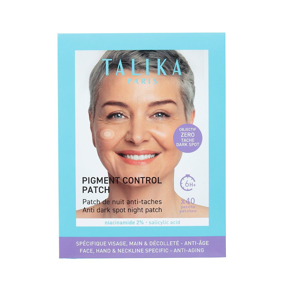 Emballage du produit avec visage de femme. Texte : Pigment Control Patch, patch de nuit anti-taches, 40 patchs.