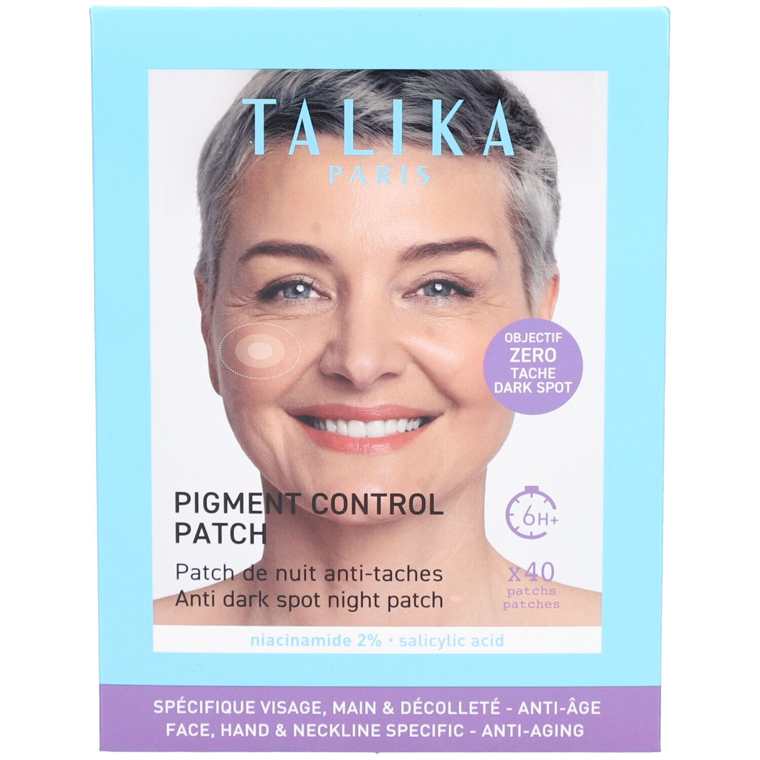 Boîte avec nom du produit et visage de femme. Texte : Pigment Control Patch, patch de nuit anti-taches, 40 patchs.